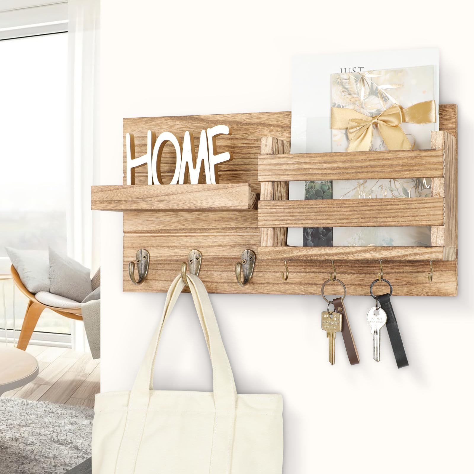 Mail Organizer for Wall Mount – Key Holder with Shelf Includes Letter Holder and Hooks for Coats, Dog Leashes – Rustic Wood with Flush Mounting Hardware (16.5” x 8.7” x 3.5”)
