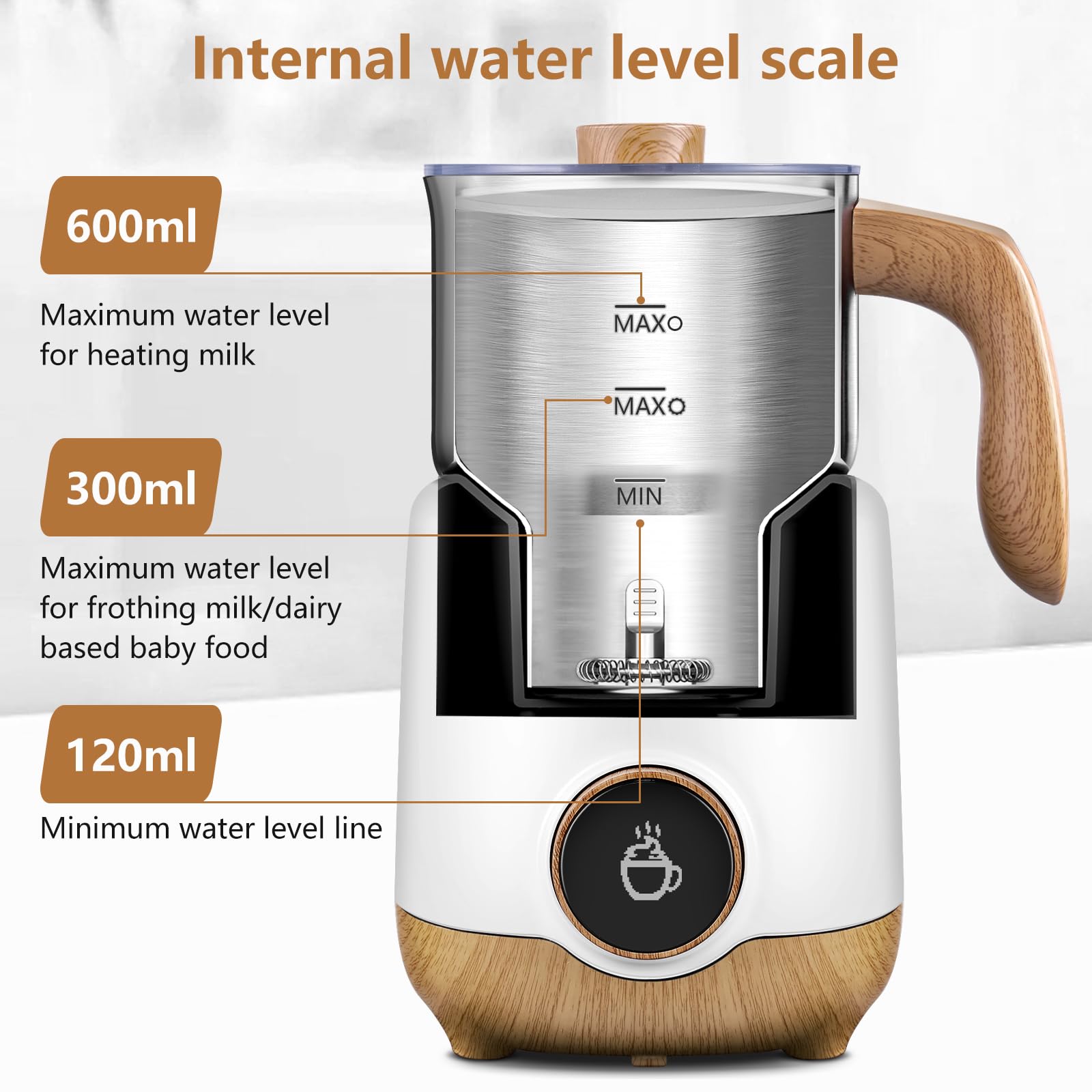 AMZCHEF 8-IN-1 Milk Frother and Steamer 21 oz, 550 Watts Split Stainless Steel Automatic Steamer, Milk's Warmer for Latte, Cappuccino, Hot Chocolate, Hot&Cold Froth, Heated Milk, Baby Food Wood&Black