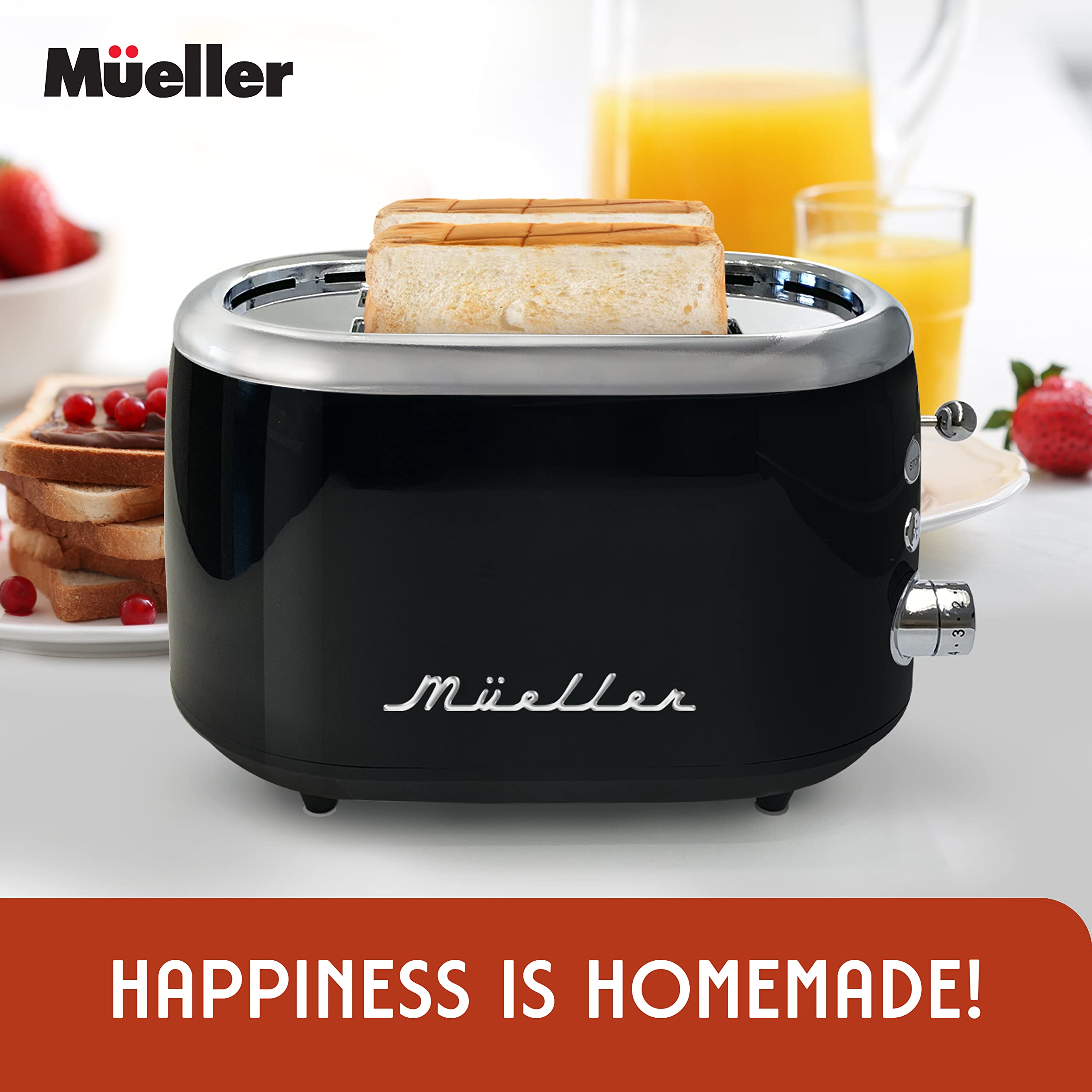MUELLER HOME Retro Toaster 2 Slice, 7 Browning Levels, 3 Functions (Reheat, Defrost, Cancel), Stainless Steel Features, Removable Crumb Tray, Under Base Cord Storage, Turquoise
