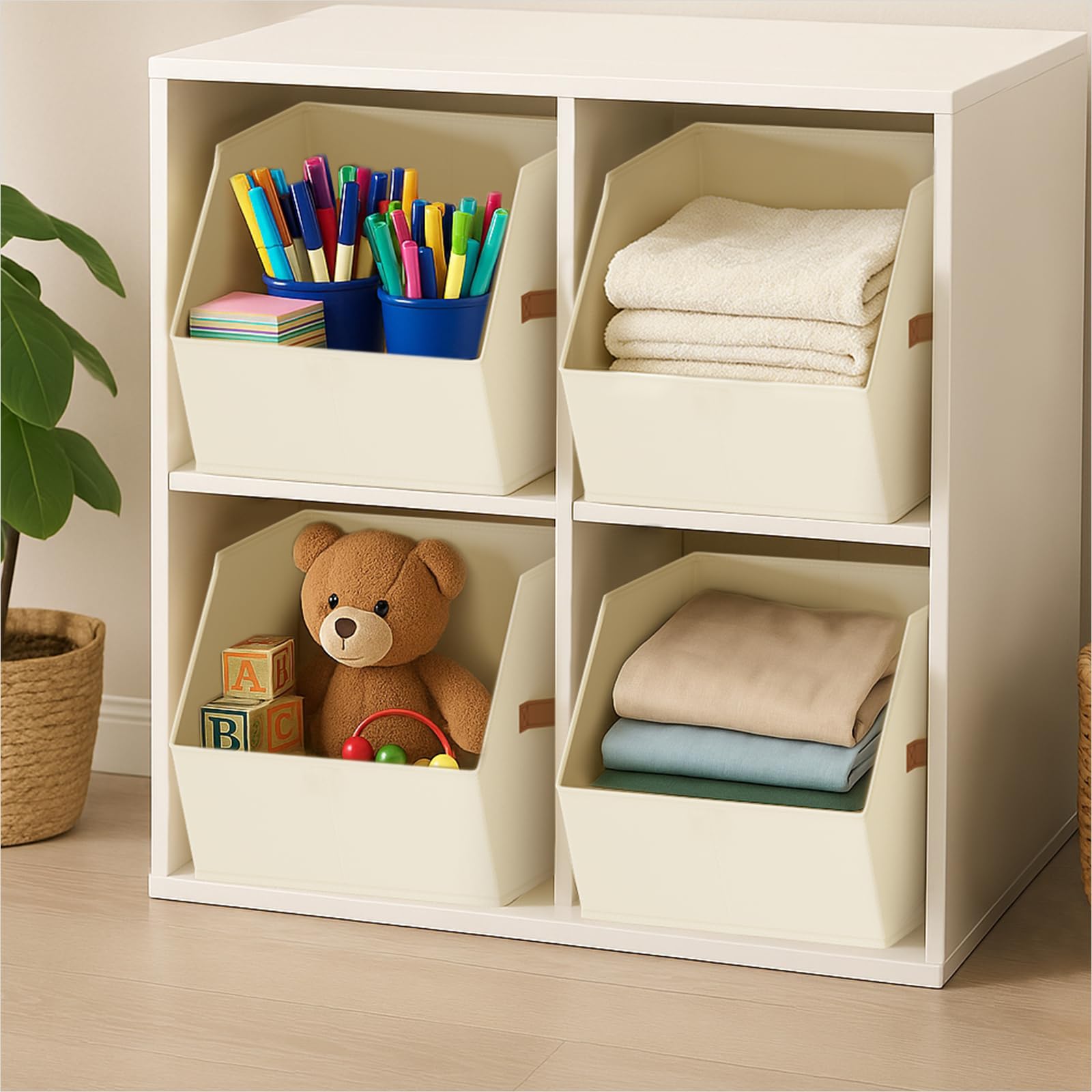 Homsorout Fabric Closet Storage Cubes - 6 Pack Square Storage Bins with Dual Handles for Clothes, Towels, Toys, Cube Storage Organizers for Bedroom, Nursery, Shelves, Closet, Small Spaces, Beige