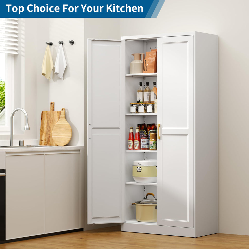 75" Tall Metal Kitchen Storage Cabinet,White Kitchen Pantry Storage Cabinet with Doors and 4 Adjustable Shelves,Utility Cabinet for Living Room,Garage,Dining Room and Office,Assemble Required