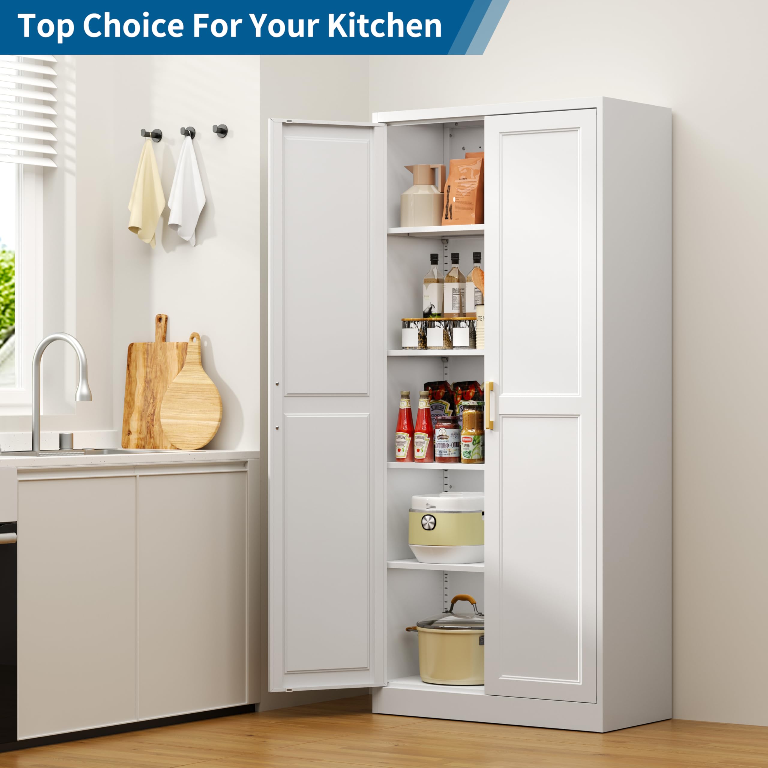 75" Tall Metal Kitchen Storage Cabinet,White Kitchen Pantry Storage Cabinet with Doors and 4 Adjustable Shelves,Utility Cabinet for Living Room,Garage,Dining Room and Office,Assemble Required