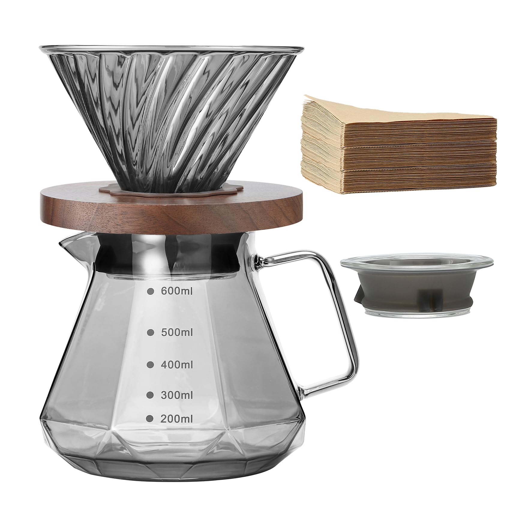 Lalord Pour Over Coffee Maker, 20 oz Borosilicate Glass Carafe with 100 pcs V60 Paper Filter by Gsform, Walnut Handle & Glass Lid, Drip Coffee Maker for Home Café Restaurant Camping, 600 ml, Clear