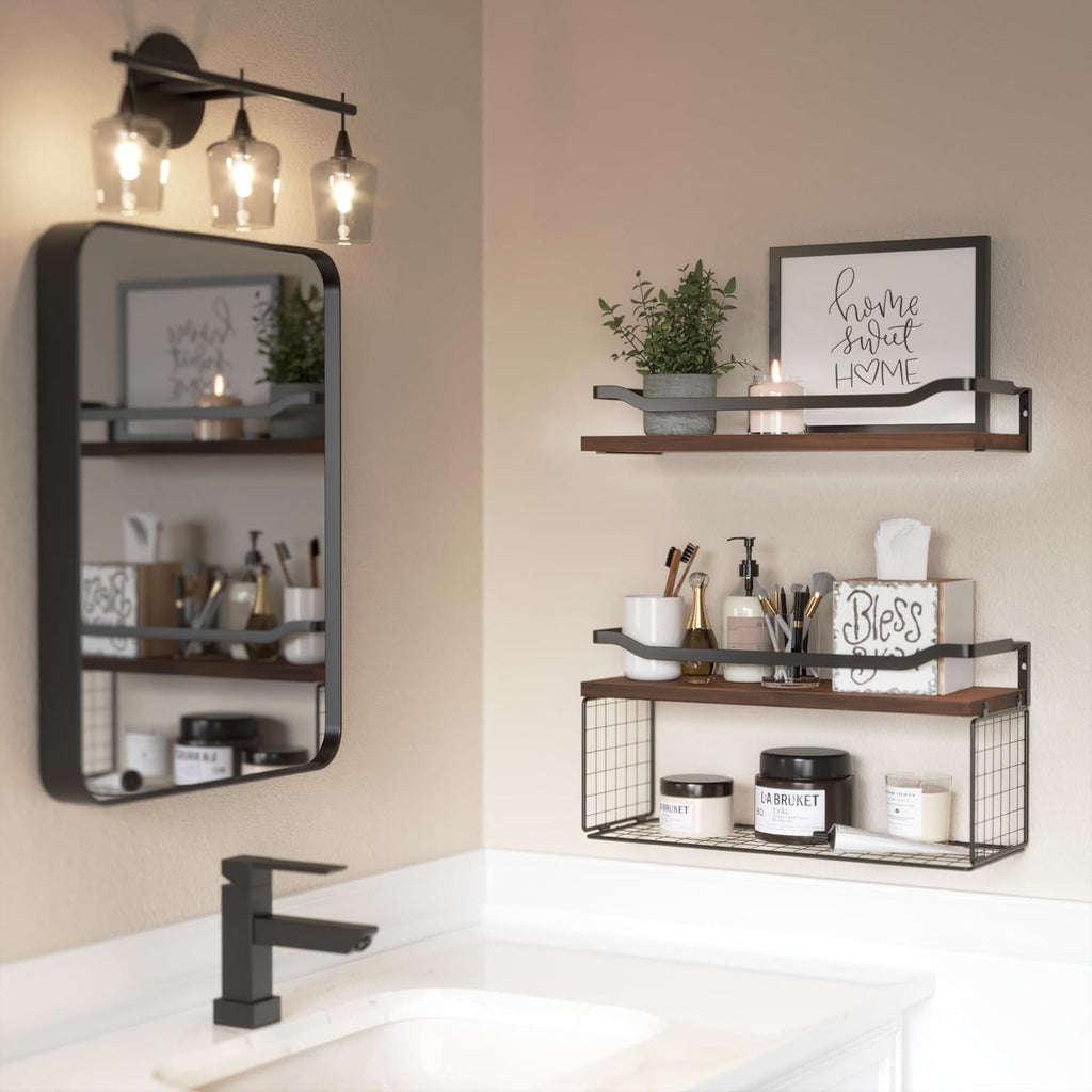 WOPITUES Floating Shelves with Wire Storage Basket, Bathroom Shelves Over Toilet with Protective Metal Guardrail, Wood Wall Shelves for Bathroom, Bedroom, Living Room, Toilet Paper- Dark Brown
