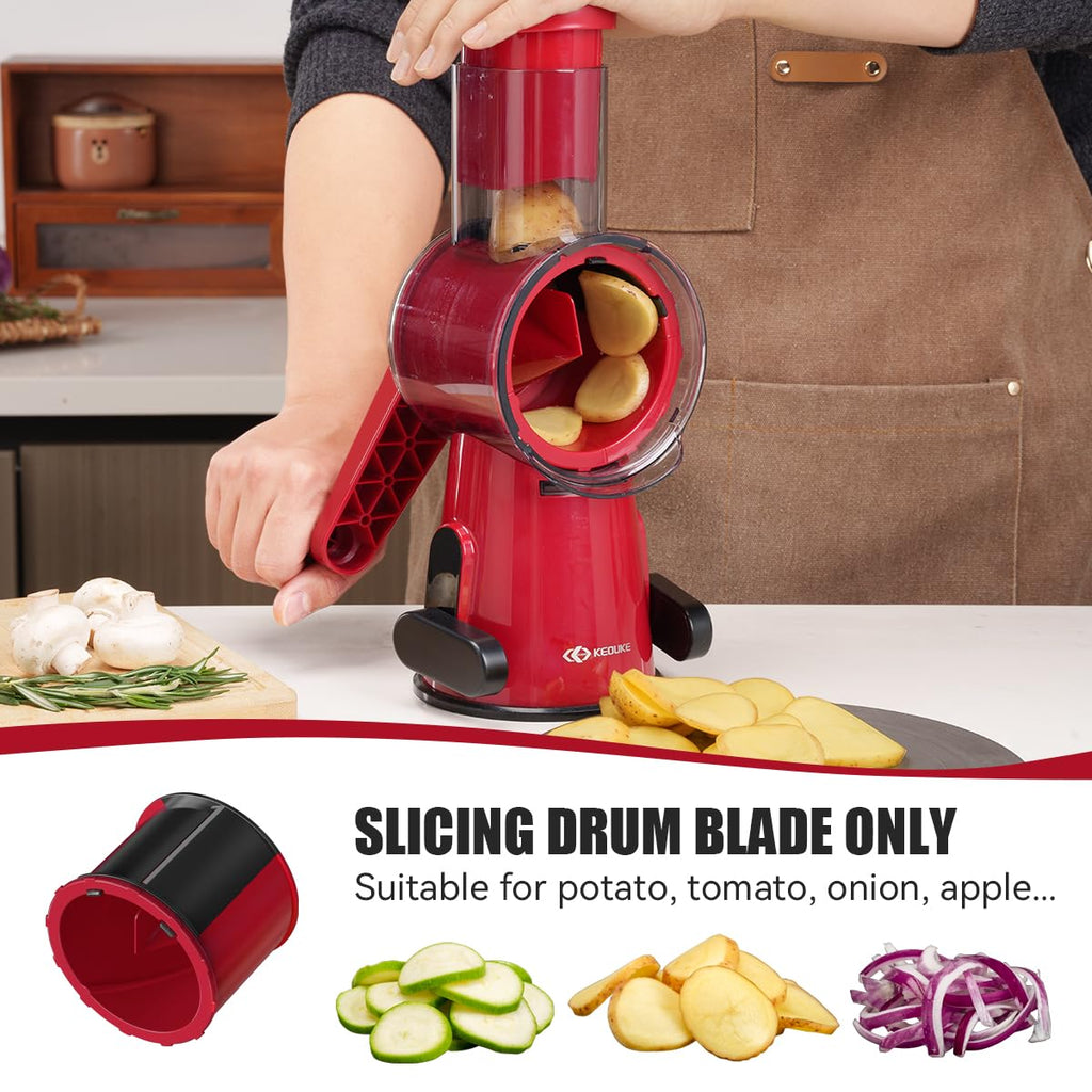 KEOUKE Hand Crank Vegetable Chopper & Slicer Red - 2 in 1 Manual Vegetable Cutter with Cleaning Tools, Non-Slip Suction Base, Safety Pusher, Labor-Saving, for Potato, Carrot, Onion, etc