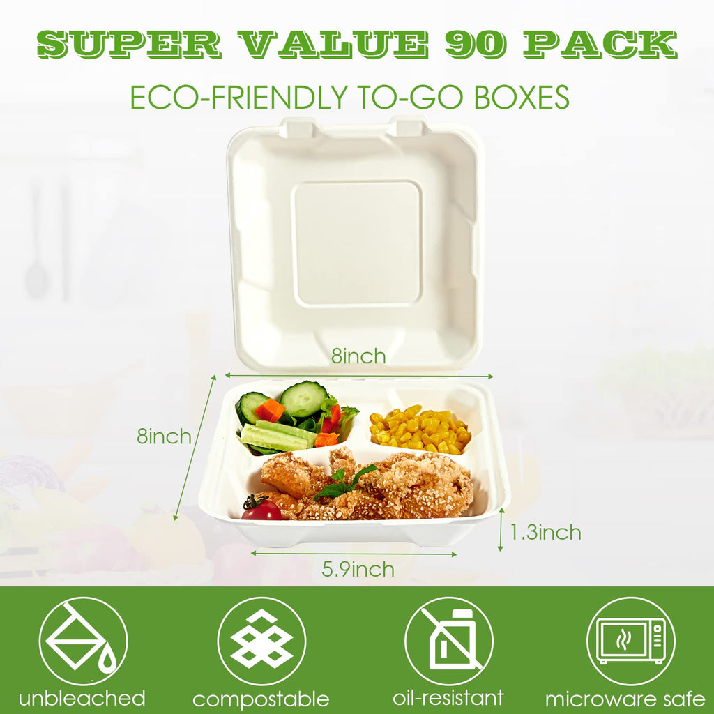 Vplus 100% Compostable Clamshell Take Out Food Containers, 90 PACK 8 inch x 8 inch Eco-Friendly Disposable 3 Compartment, Heavy-Duty Bagasse To-Go Containers for Next Day Lunch, Potluck Party