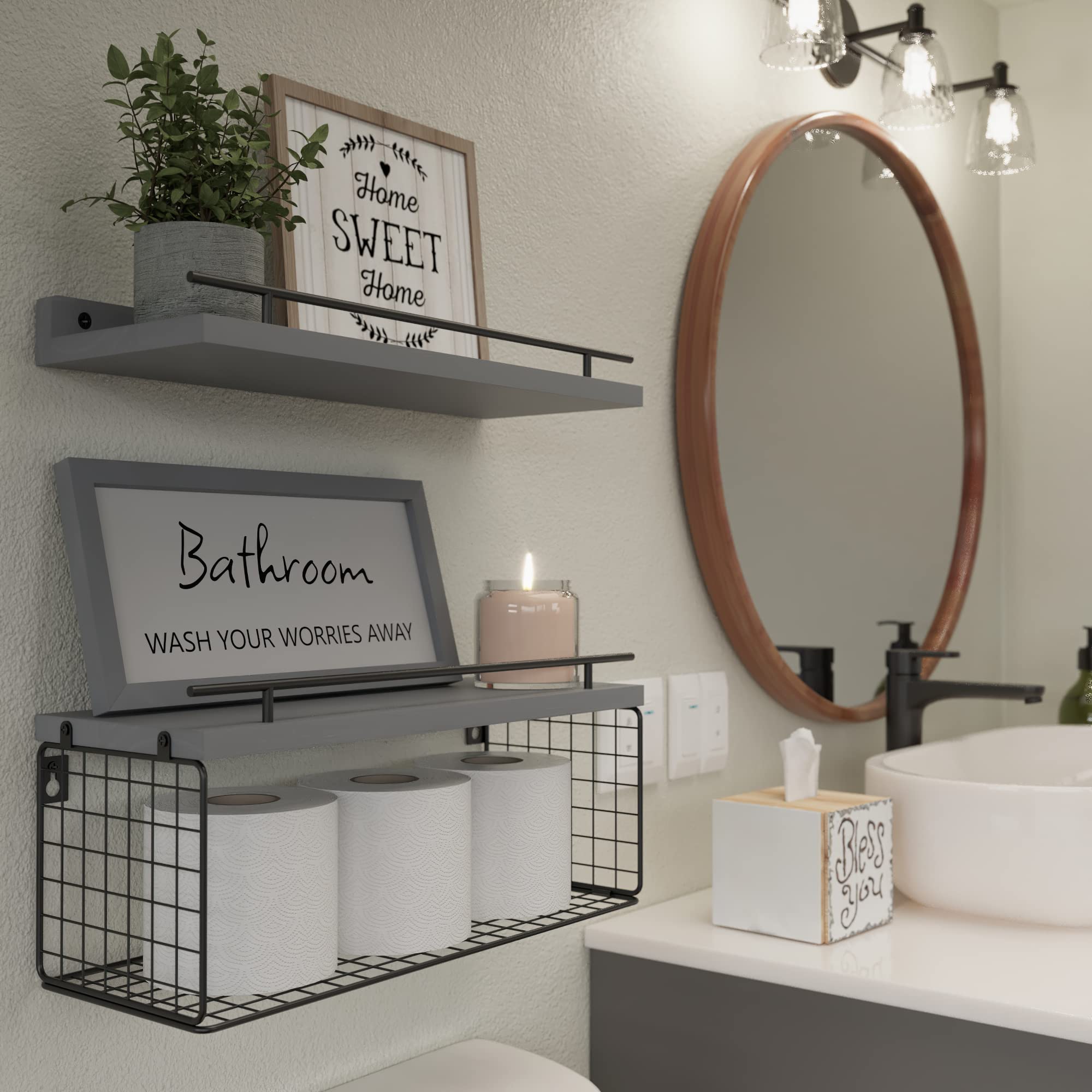 WOPITUES Floating Shelves for Wall Decor Sign, Bathroom Organizers and Storage, Bathroom Shelves Over Toilet with Metal Guardrail-Black