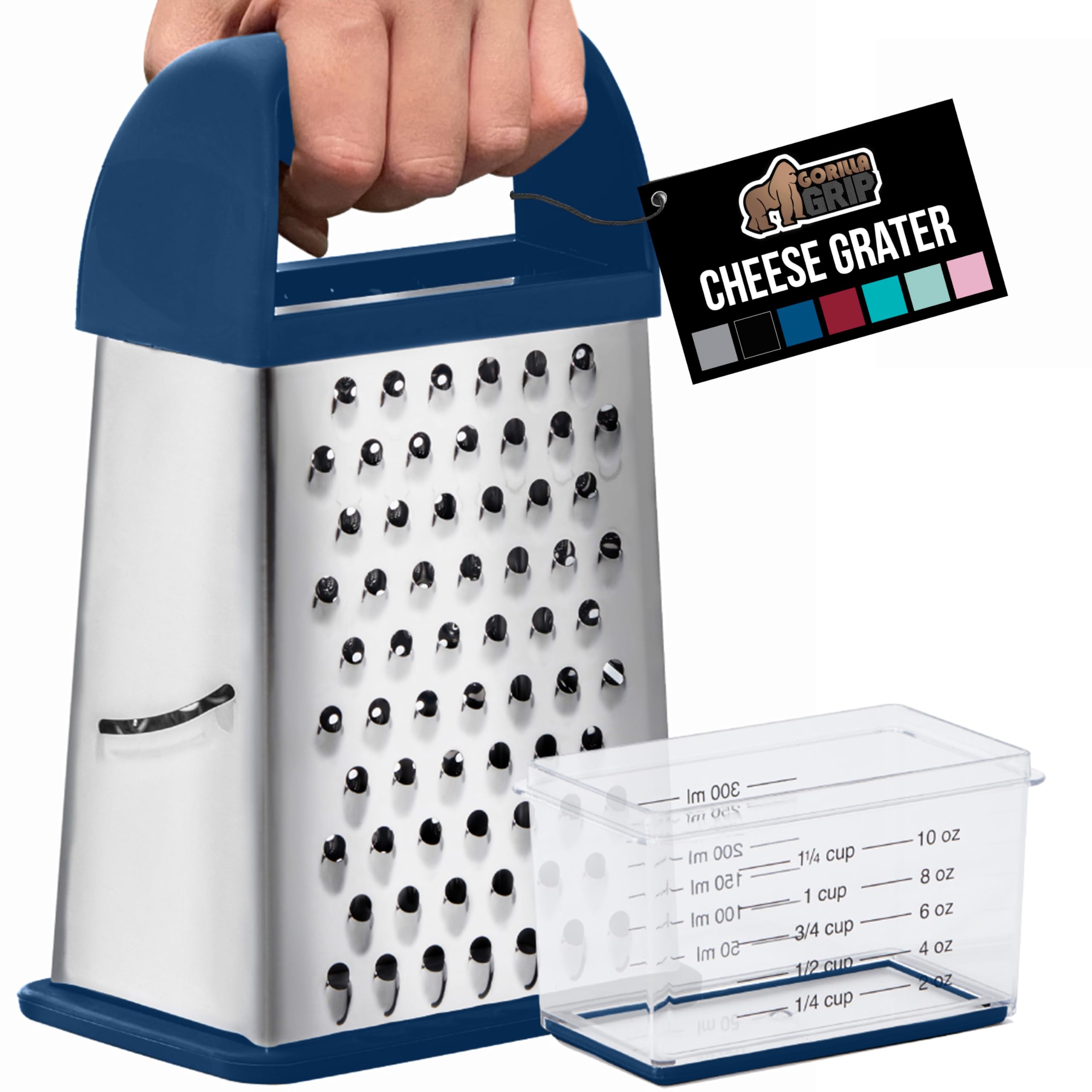GORILLA GRIP 4-Sided Stainless Steel Cheese Grater With Container, 100% BPA-Free Box Grater, Slip Resistant Base and Handle, Grate Parmesan, Hard Cheeses, Shred Vegetables, Dishwasher Safe, Black