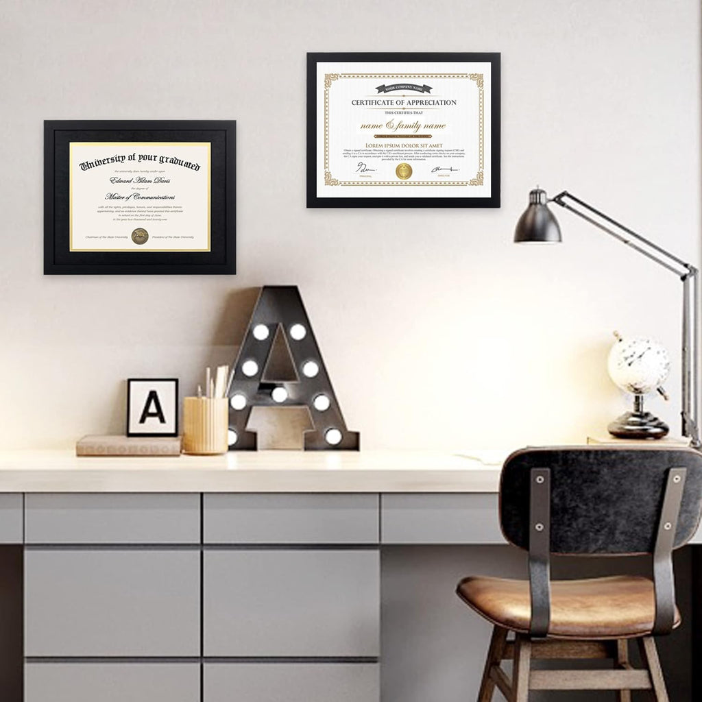 upsimples 11x14 Diploma Frame Certificate Degree Document Frame with High Definition Glass, 8.5 x 11 with mat for Wall and Tabletop, Black Double Mat, 1 Pack