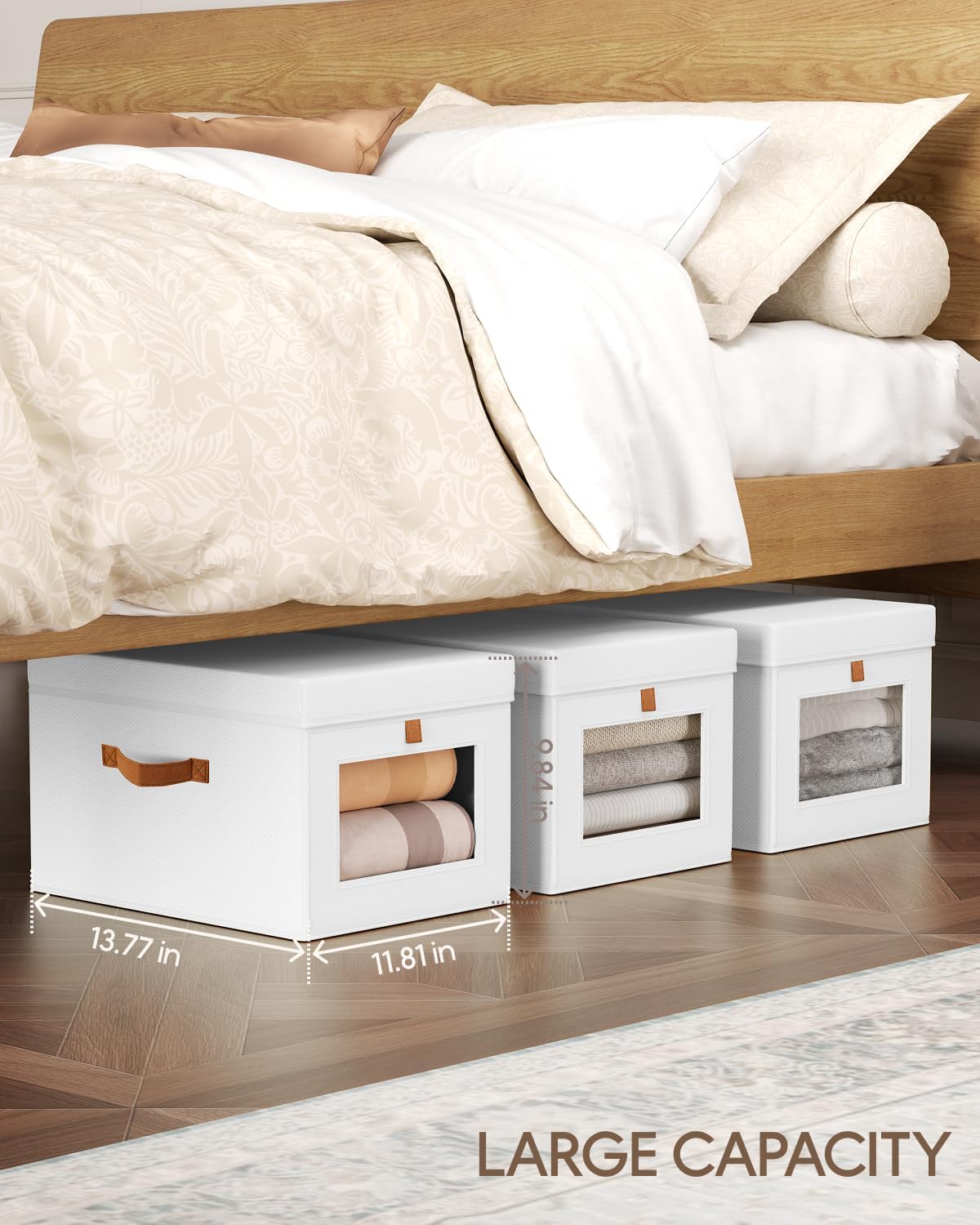 Homsorout Collapsible Storage Bins with Lids - Beige & White, Stackable Storage Containers with Window, Fabric Organizing Bins for Closet, Home & Office Organization Baskets