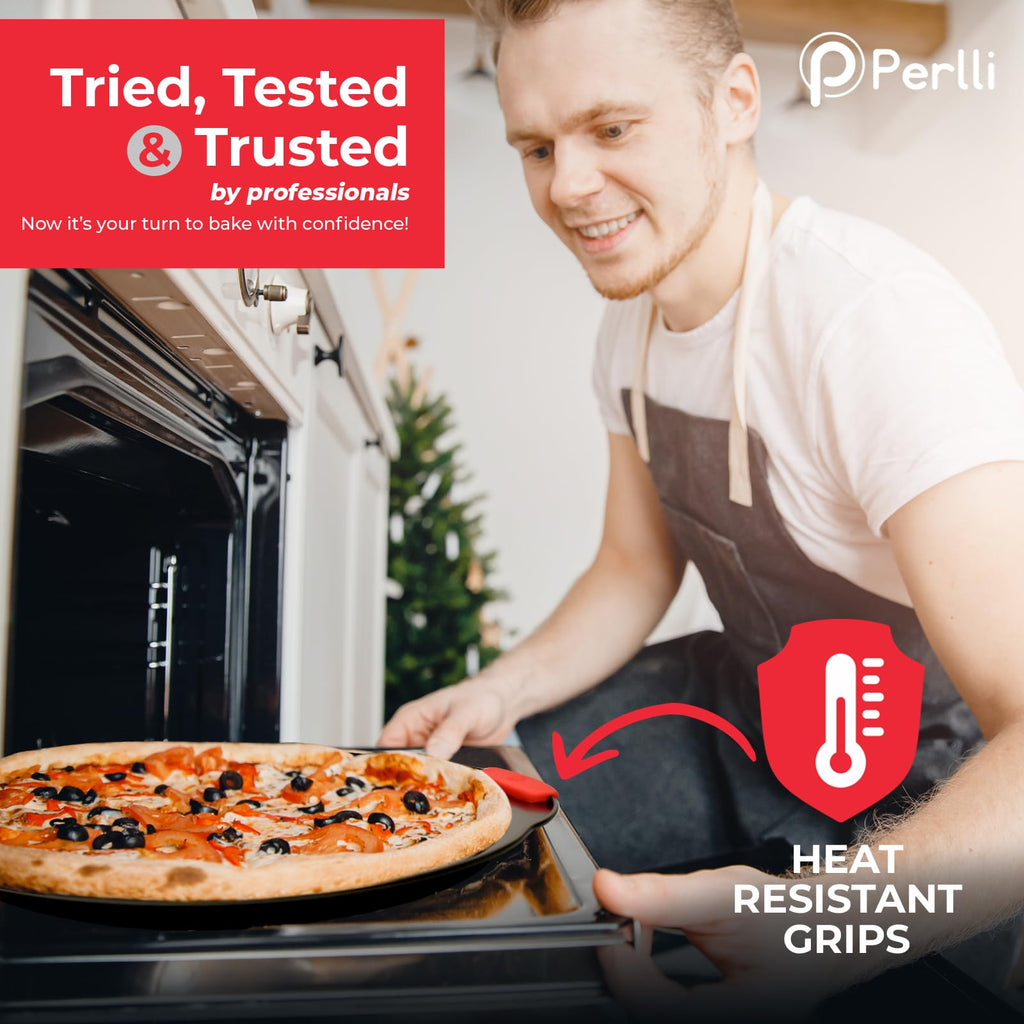 PERLLI Non-Stick 6-Piece Baking Pan Set, BPA-Free Carbon Steel Bakeware Set with Silicone Handles, Stackable Kitchen Oven Set, Cookie Sheet, Baking Tray, Baking Sheet Set, Oven Safe (446°F)
