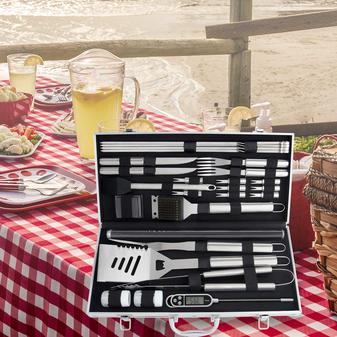 ROMANTICIST 23pcs Must-Have BBQ Grill Accessories Set with Thermometer in Case - Stainless Steel Barbecue Tool Set with 2 Grill Mats for Backyard Outdoor Camping - Father's Day Best Barbecue Gift