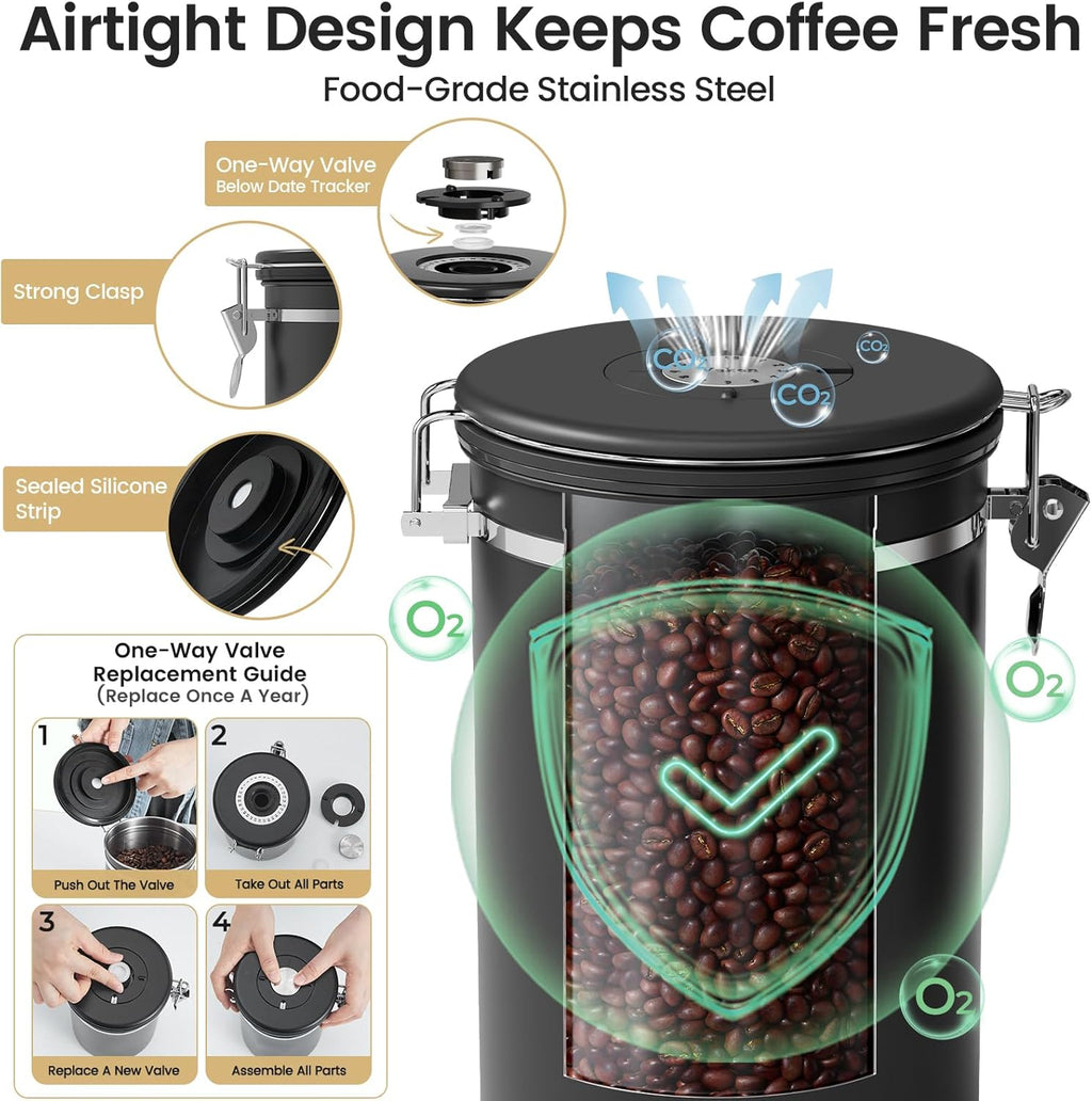 Veken Coffee Canister with Window,Airtight Stainless Steel Kitchen Food Storage Container, Date Tracker & Scoop for Grounds Coffee, Beans, Tea,Flour,Cereal,Sugar,22OZ,Copper