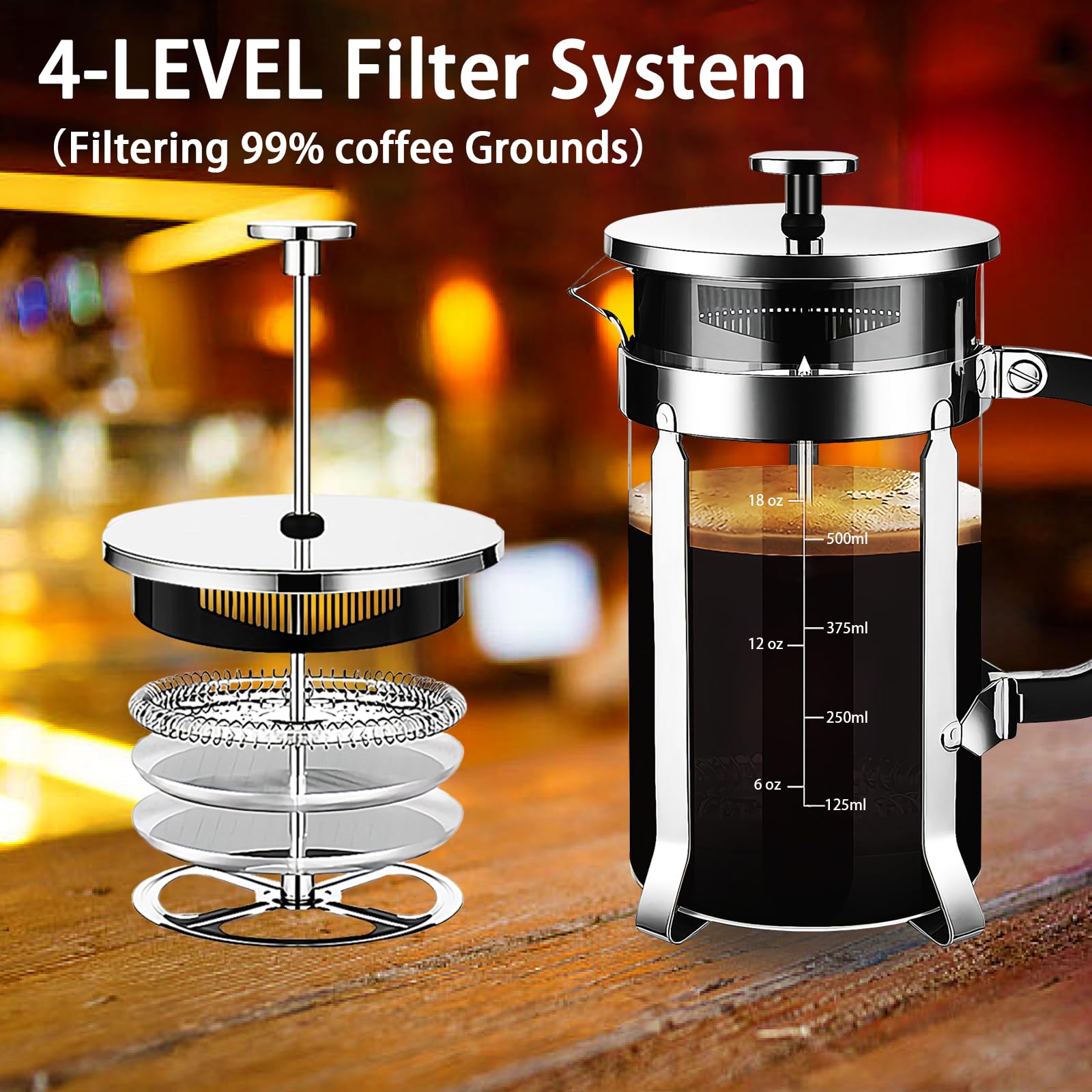 YMMIND French Press Coffee Maker 304 Stainless Steel Coffee Press,with 4 Filters System, Heat Resistant Thickness Borosilicate French Press Glass, BPA-Free Brewed Tea Pot Coffee Plunger(Copper 12oz)