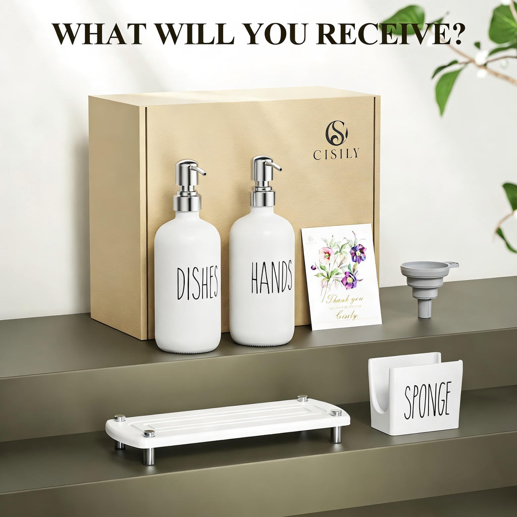 Cisily Kitchen Soap Dispenser Set Comes with Ceramics Sponge Holder, Gold Pumps, and Instant Dry Tray, Hand and Dish Soap Dispenser Set (4, Gold + White + Sponge Holder)