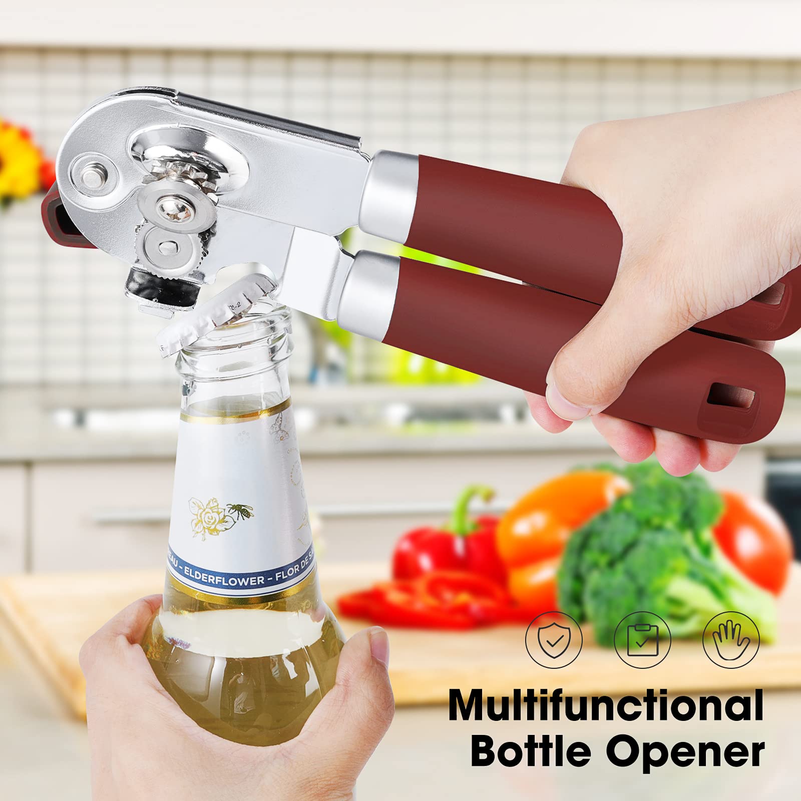 Beneno Heavy Duty Hand Can Opener Manual with Magnet, Durable Sharp Carbon Steel Blade Smooth Cutting, Big Effort-Saving Knob & Soft Grip Handle, Multifunctional Kitchen Tool with Bottle Opener, Green