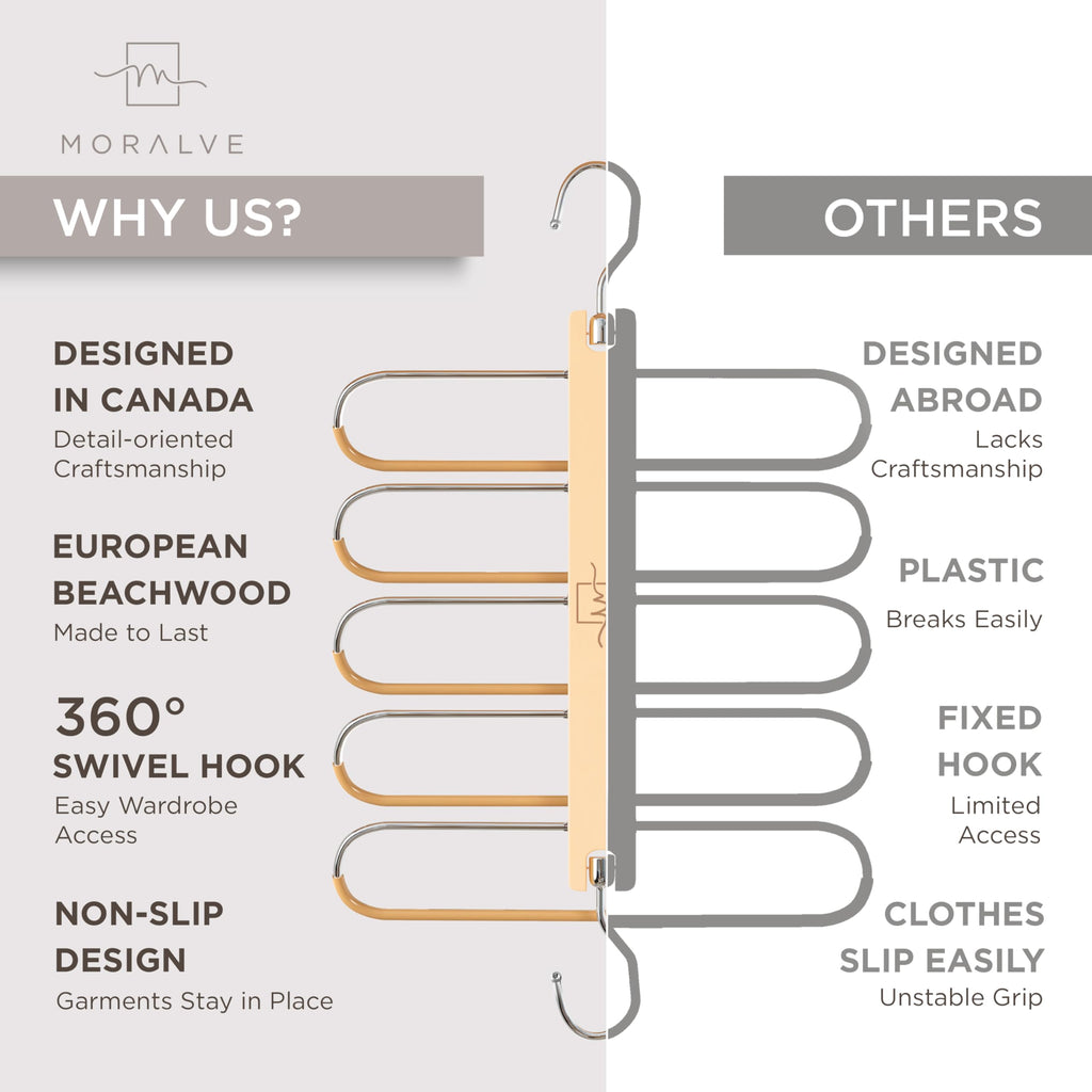 MORALVE Pants Hangers Space Saving - 2 Pack European Beechwood Scarf and Jean Hangers - Closet Organizer and Space Saver Pant Rack, Leggings Hanger, and Scarf Holder with 360° Swivel Hook