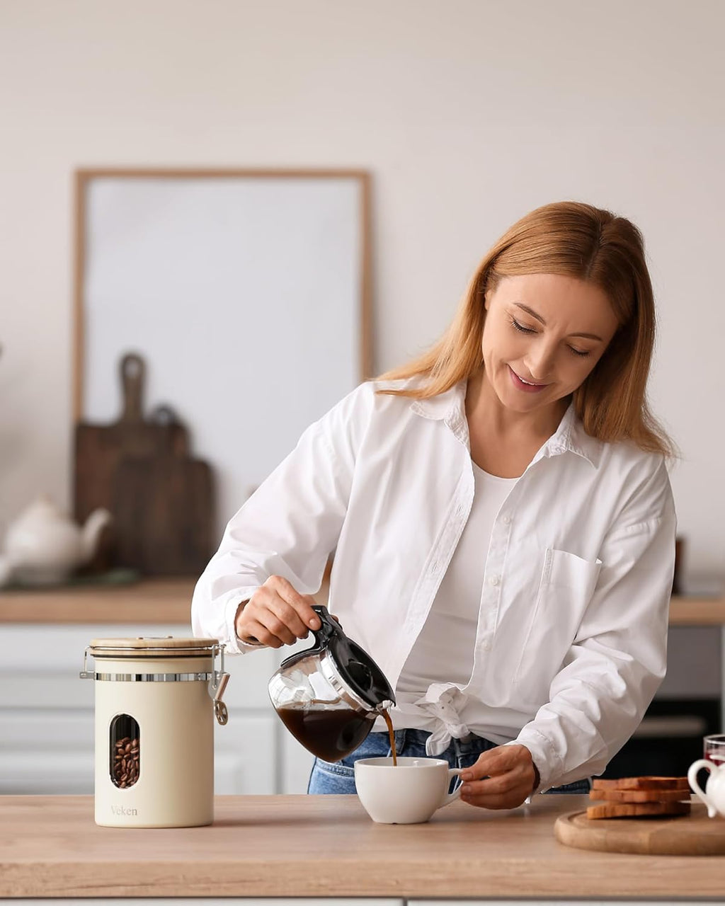 Veken Coffee Canister with Window,Airtight Stainless Steel Kitchen Food Storage Container, Date Tracker & Scoop for Grounds Coffee, Beans, Tea,Flour,Cereal,Sugar,22OZ,Copper