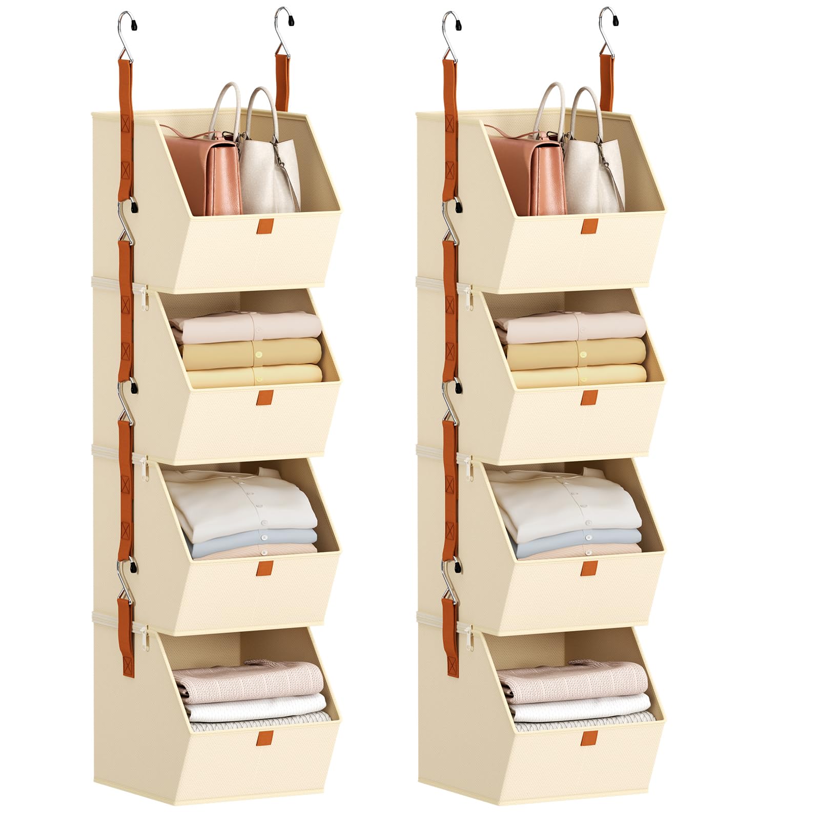 Homsorout Hanging Closet Organizer 4 Tier - Clothes Hanging Shelves, Space-Saving Closet System, Fabric Storage Bins Bedroom Organization, Collapsible Baskets for Home, Dorm, Rv, Beige