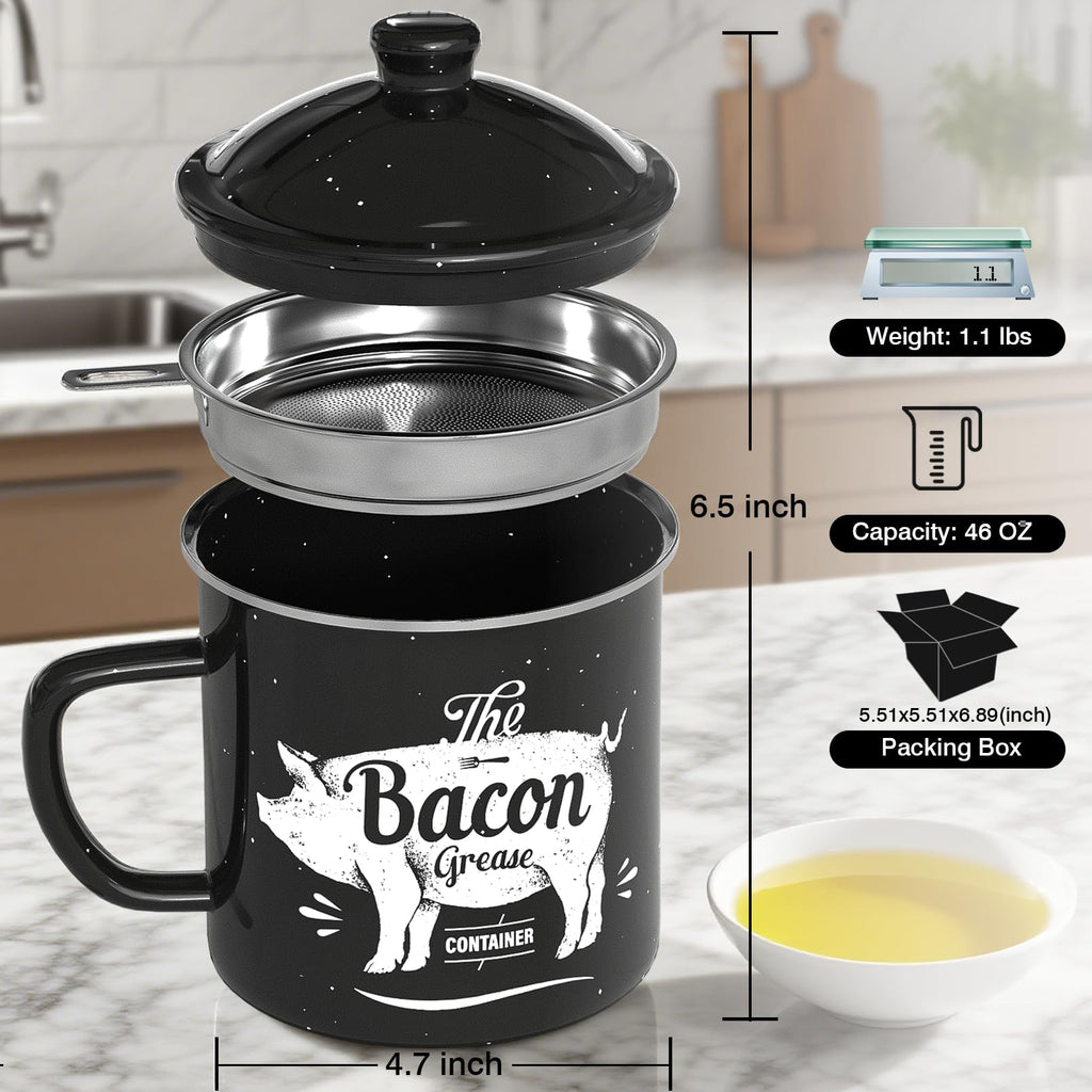 PGYARD Mini Bacon Grease Container With Strainer - 15OZ Enamel Grease Saver, Farmhouse Bacon Grease Keeper For Kitchen Fat Storage, Dishwasher Safe-Red