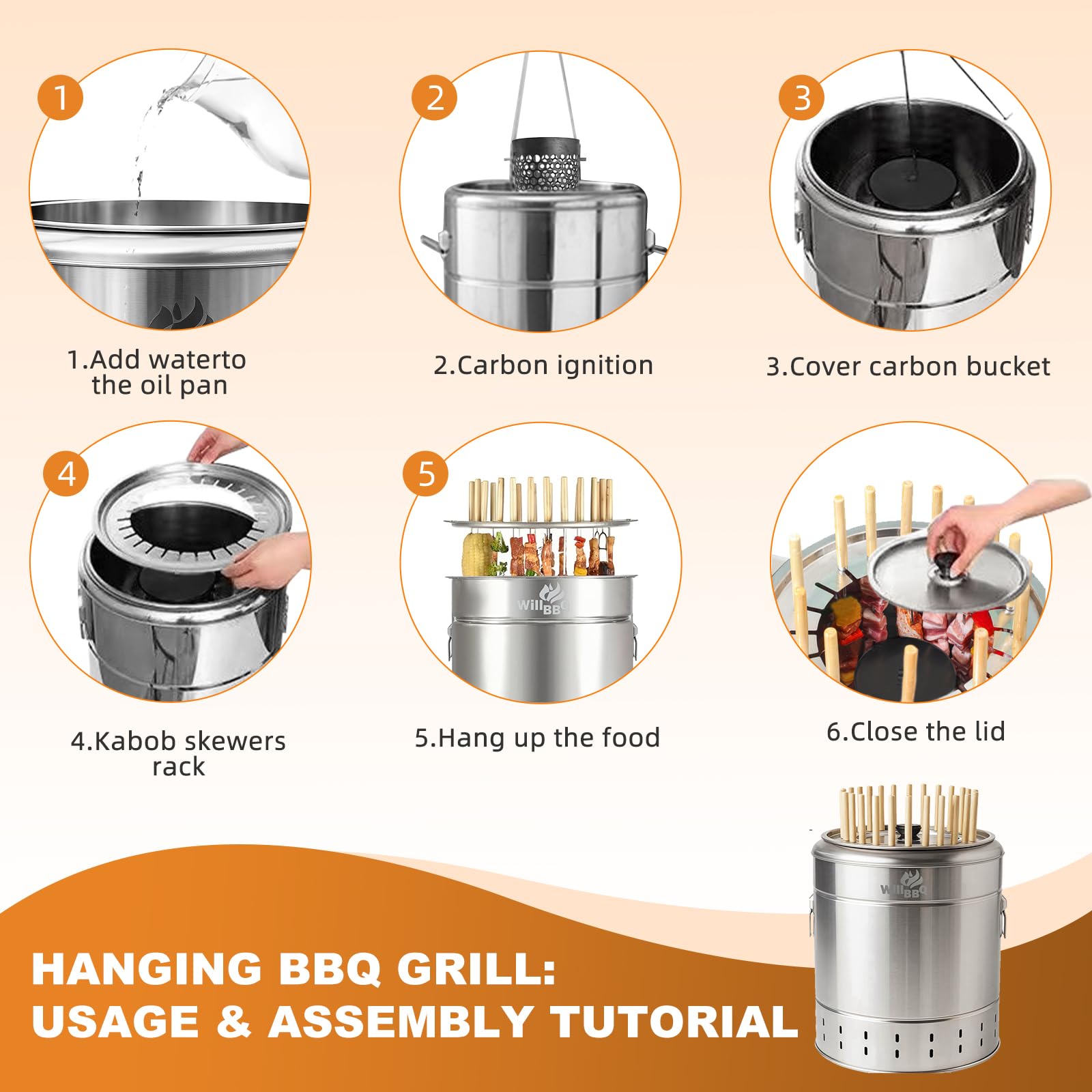 WILLBBQ Large Hanging Charcoal Grills, 360° Barrel Smoker, Stainless Steel Double-Wall Insulated, Portable for Outdoor Camping Patio (Bright Silver)