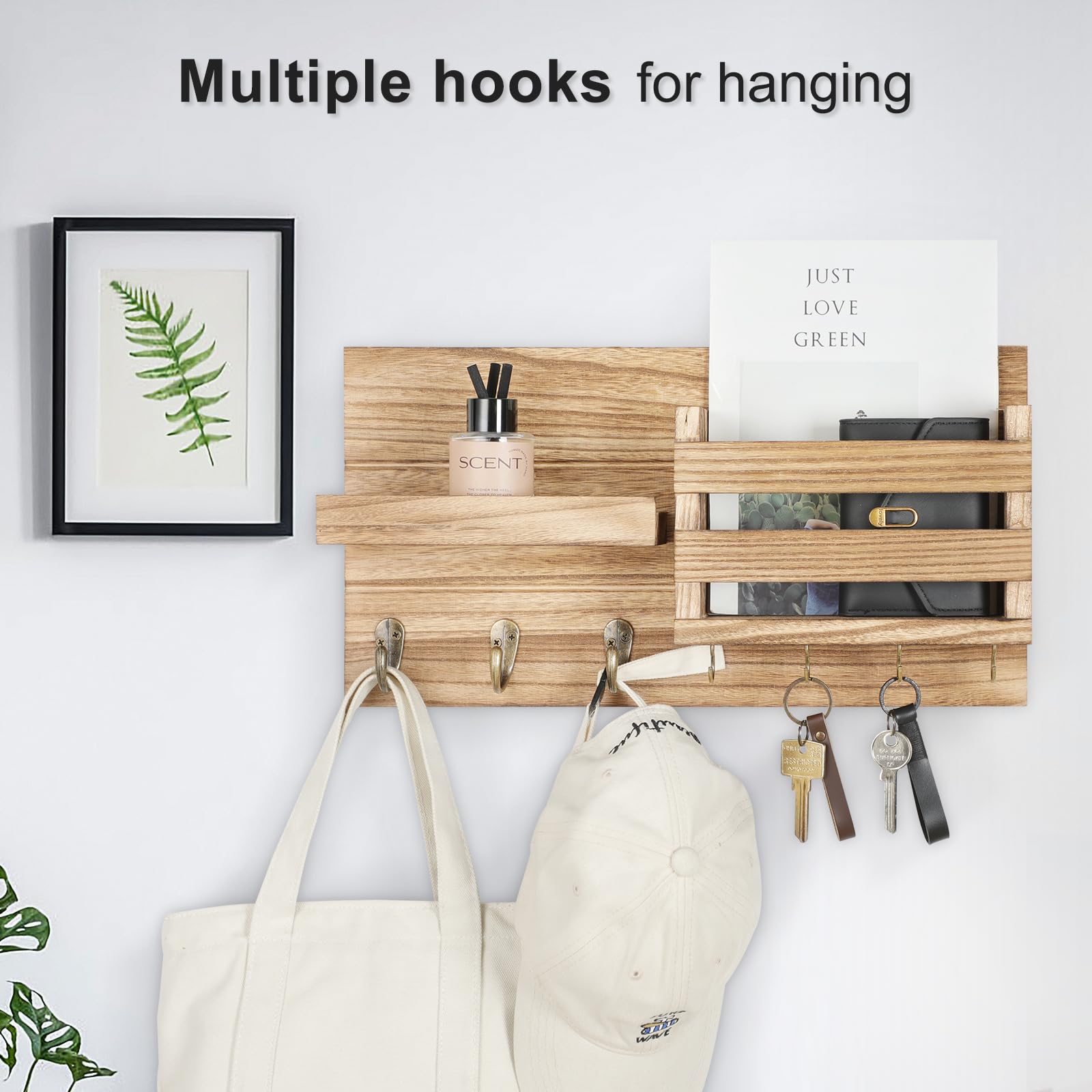 Mail Organizer for Wall Mount – Key Holder with Shelf Includes Letter Holder and Hooks for Coats, Dog Leashes – Rustic Wood with Flush Mounting Hardware (16.5” x 8.7” x 3.5”)