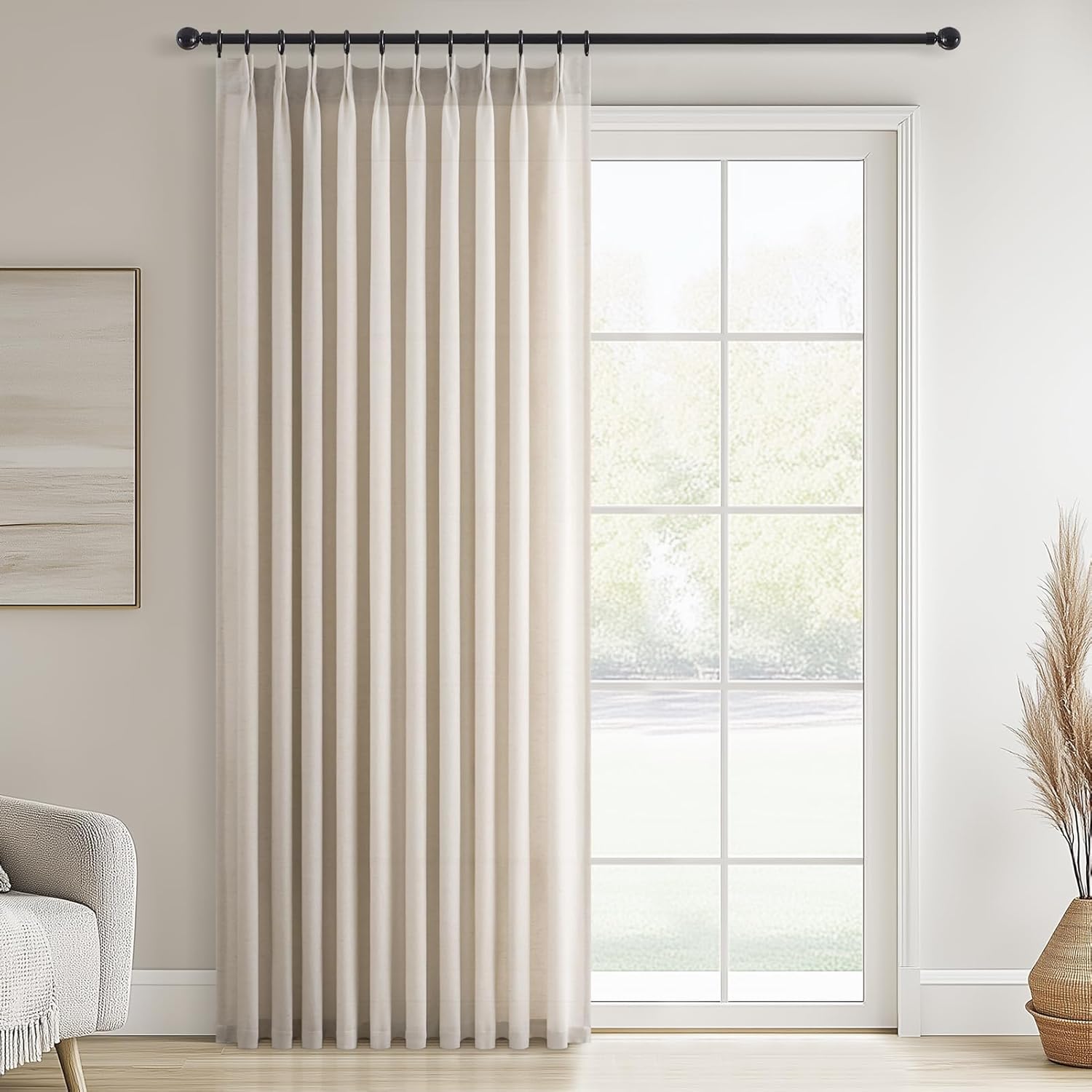 96 Inches Long Pleated Sheer Curtains,Dark Linen Blended Light Filtering Window Curtains 96 Length 2 Panels for Living Room Bedroom Pinch Pleat Drapes with Hooks 2 Panels 40" Wx96 L,Light Brown