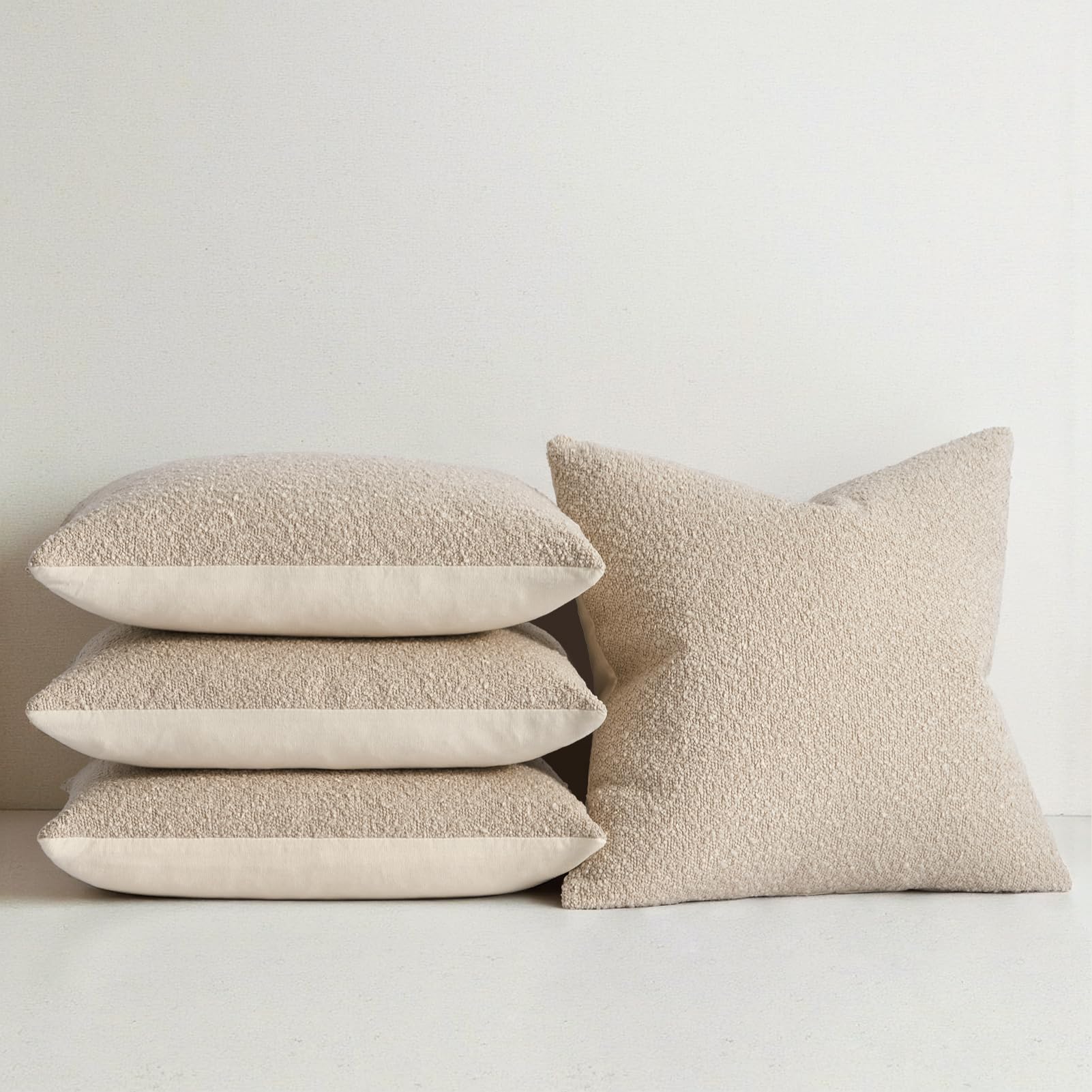 Topfinel Boucle Decorative Pillow Covers 18x18 Inches Set of 4 Neutral Cream Ivory White Pillowcase with Linen Cotton Back Chair Sofa Modern & Minimal Living Room Spring Home Decor