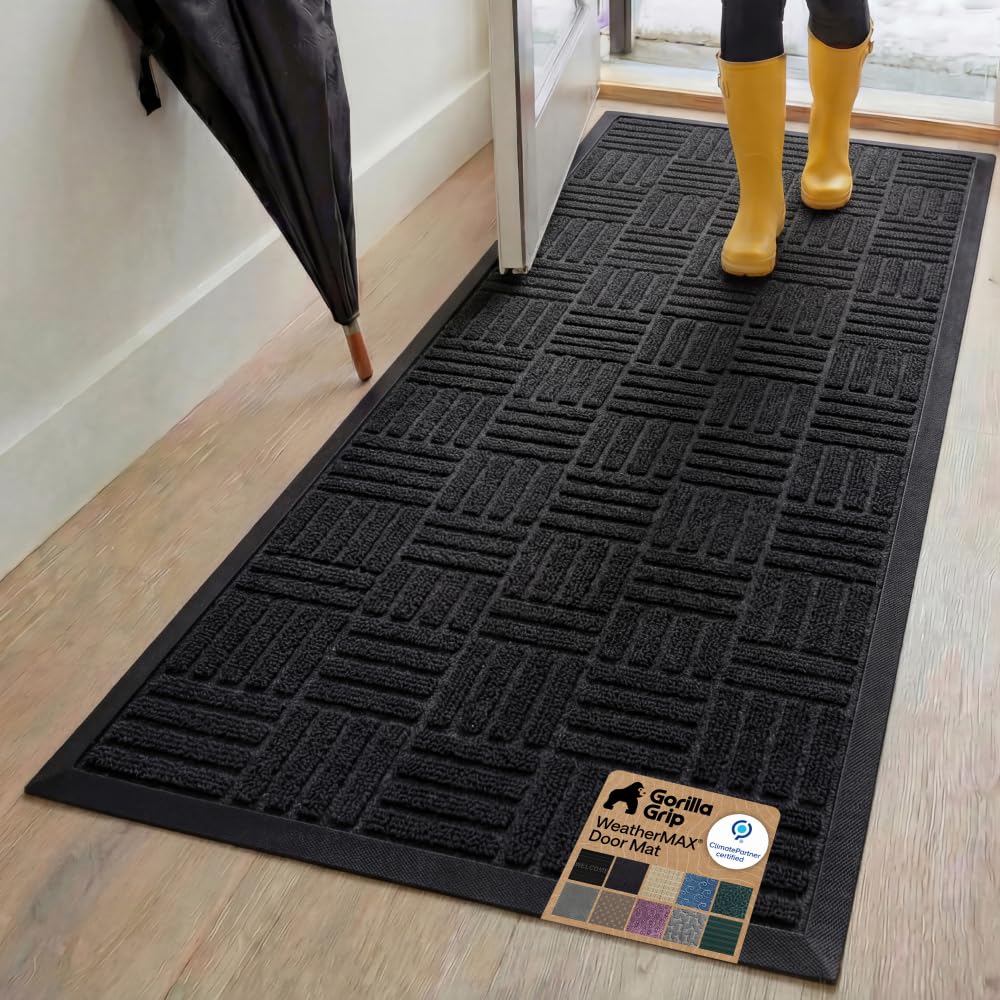 GORILLA GRIP 100% Waterproof All-Season WeatherMAX Doormat US Designed Natural Rubber, Stain Fade Resistant, Low Profile Indoor Outdoor Front Door Mats Outside Entrance, Easy Clean 29x17 Gray Diamond