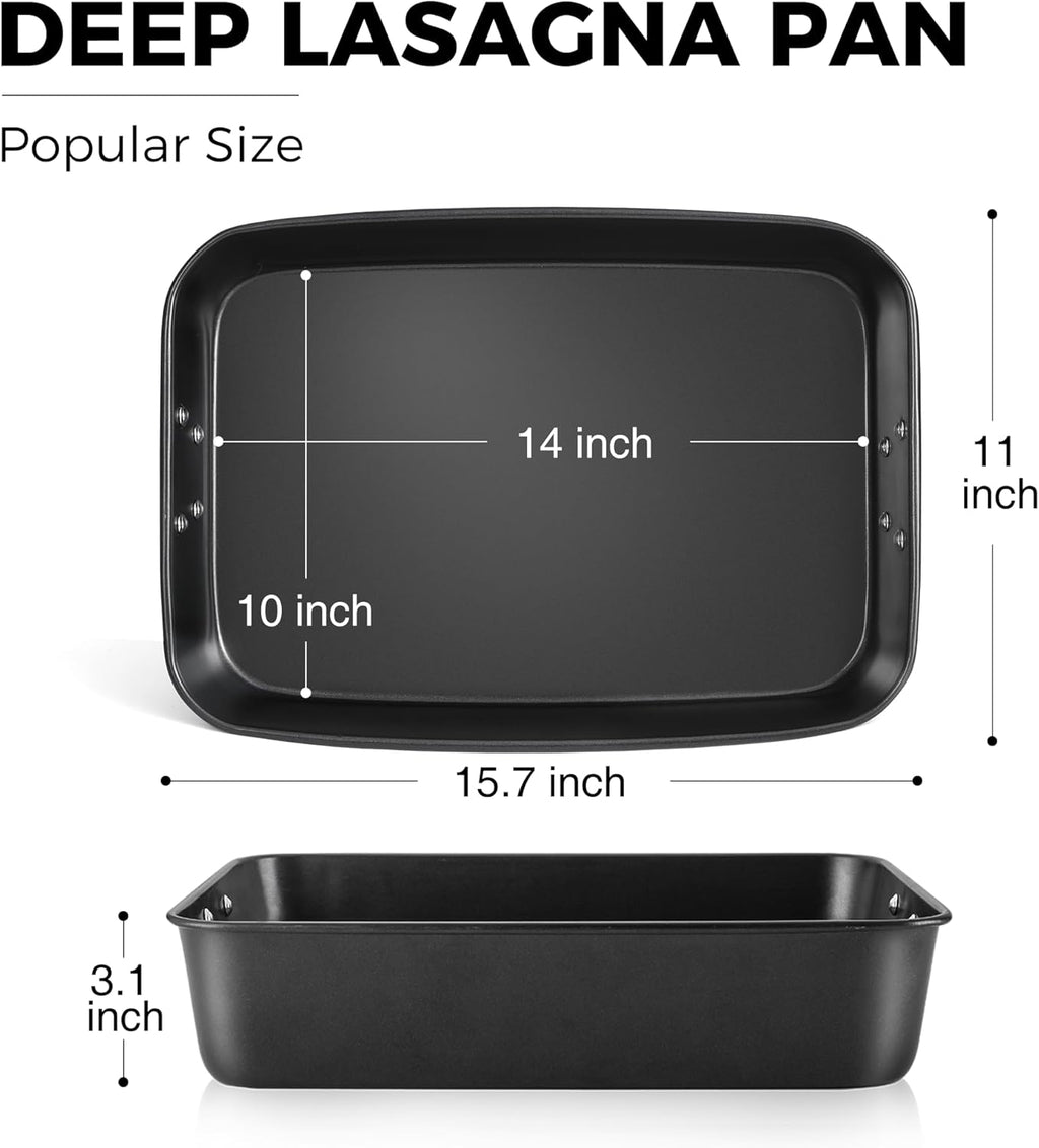 HONGBAKE Lasagna Pan 3 Inch Deep, 15x10" Baking Pan for Oven, Nonstick Cake Baking Dish for Brownie, Roasting Pans with Stainless Steel Handles, Heavy Duty, Dishwasher Safe, Dark Grey