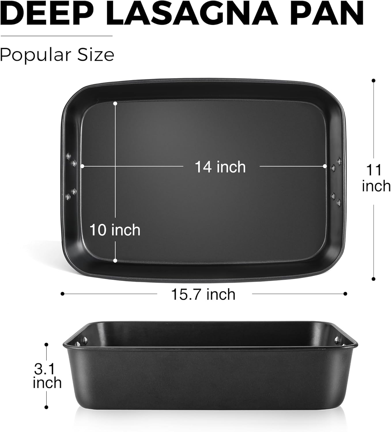 HONGBAKE Lasagna Pan 3 Inch Deep, 15x10" Baking Pan for Oven, Nonstick Cake Baking Dish for Brownie, Roasting Pans with Stainless Steel Handles, Heavy Duty, Dishwasher Safe, Dark Grey