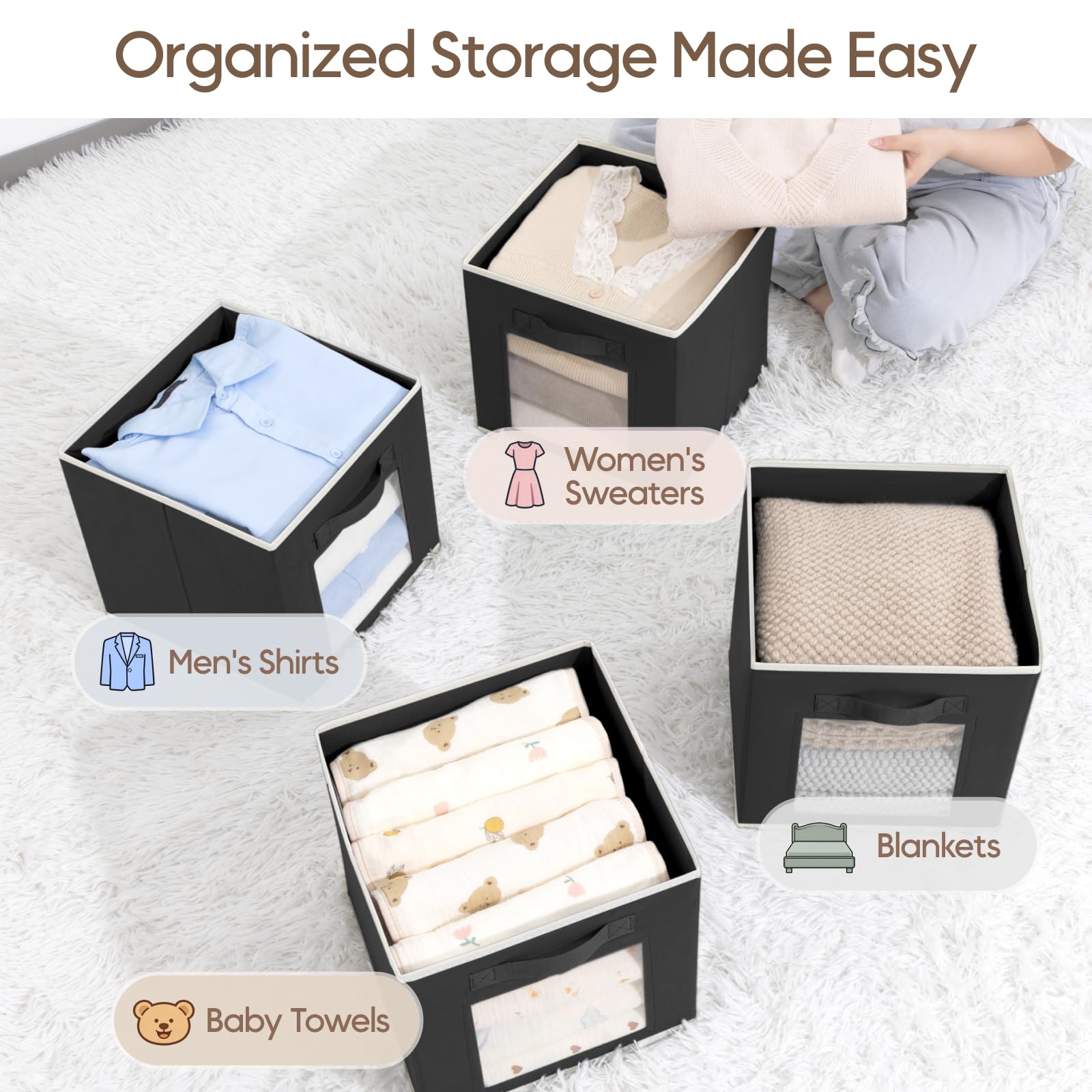 Homsorout Storage Cube 11 Inch - Cube Storage Bins with Window, Closet Storage Baskets with Handle, Fabric Bins for Closet, Shelves, Toys, Clothes, Set of 6, Grey
