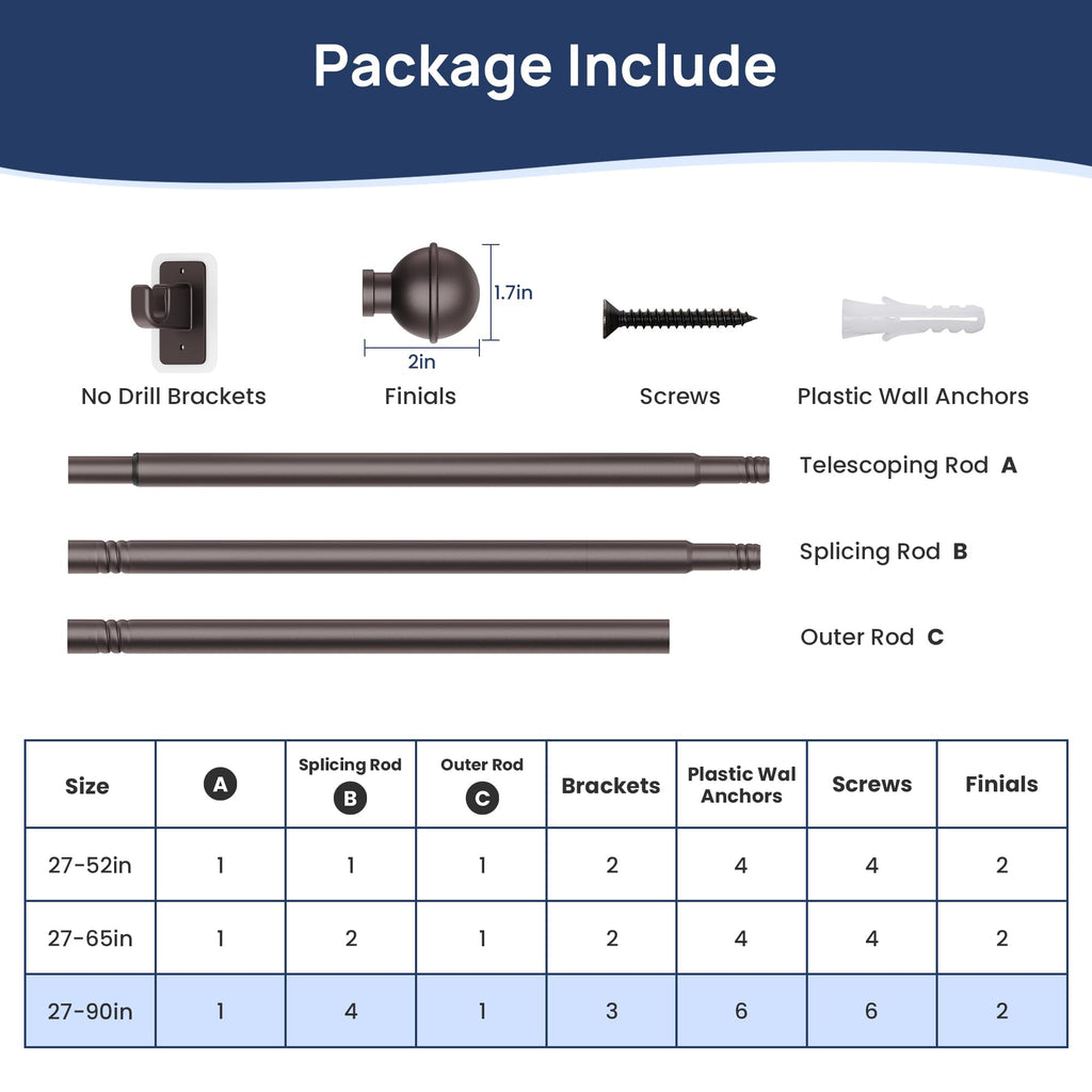 ENJOYBASICS No Drill Curtain Rods for Window 28 to 47 Inches, 5/8 Inch Diameter Renter Friendly Drapery Rod with Adhesive Brackets without Drilling, Adjustable from 27 to 52 Inches, Black