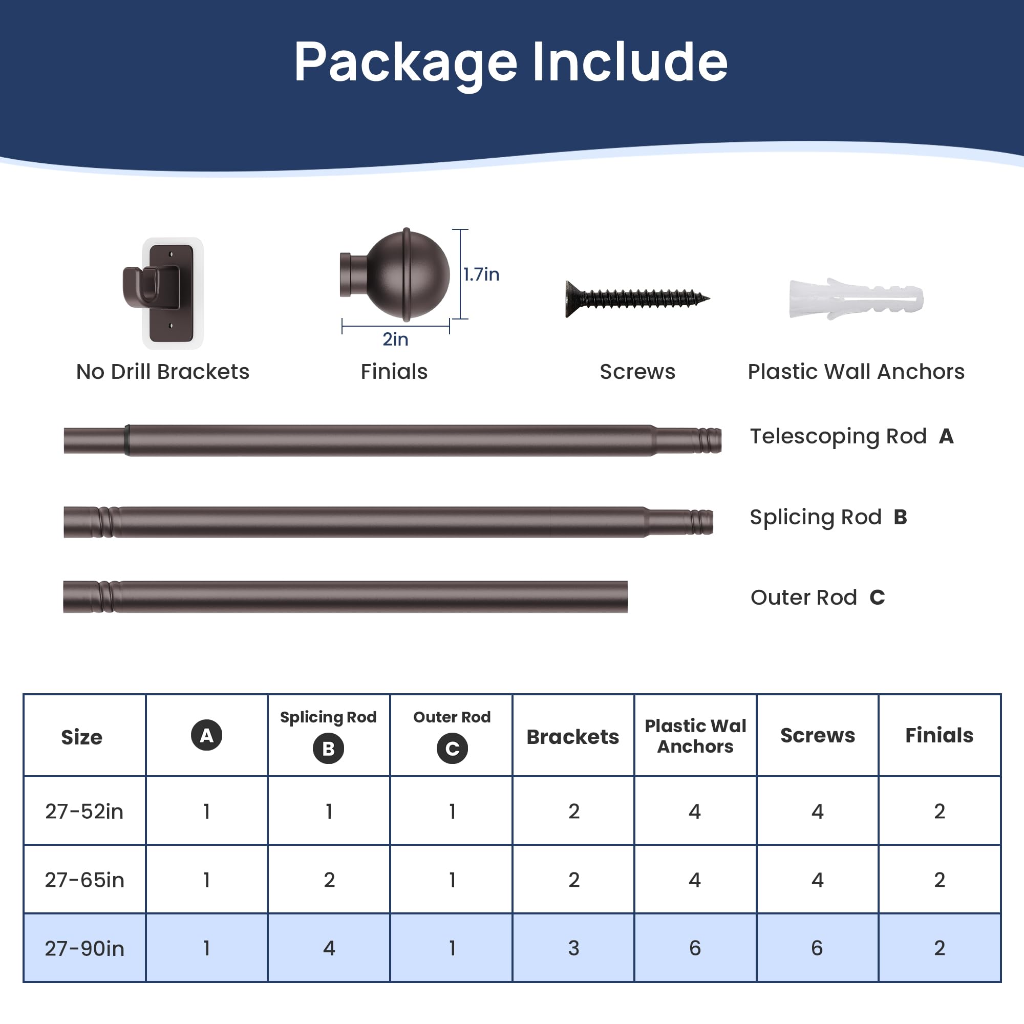 ENJOYBASICS No Drill Curtain Rods for Window 28 to 47 Inches, 5/8 Inch Diameter Renter Friendly Drapery Rod with Adhesive Brackets without Drilling, Adjustable from 27 to 52 Inches, Black