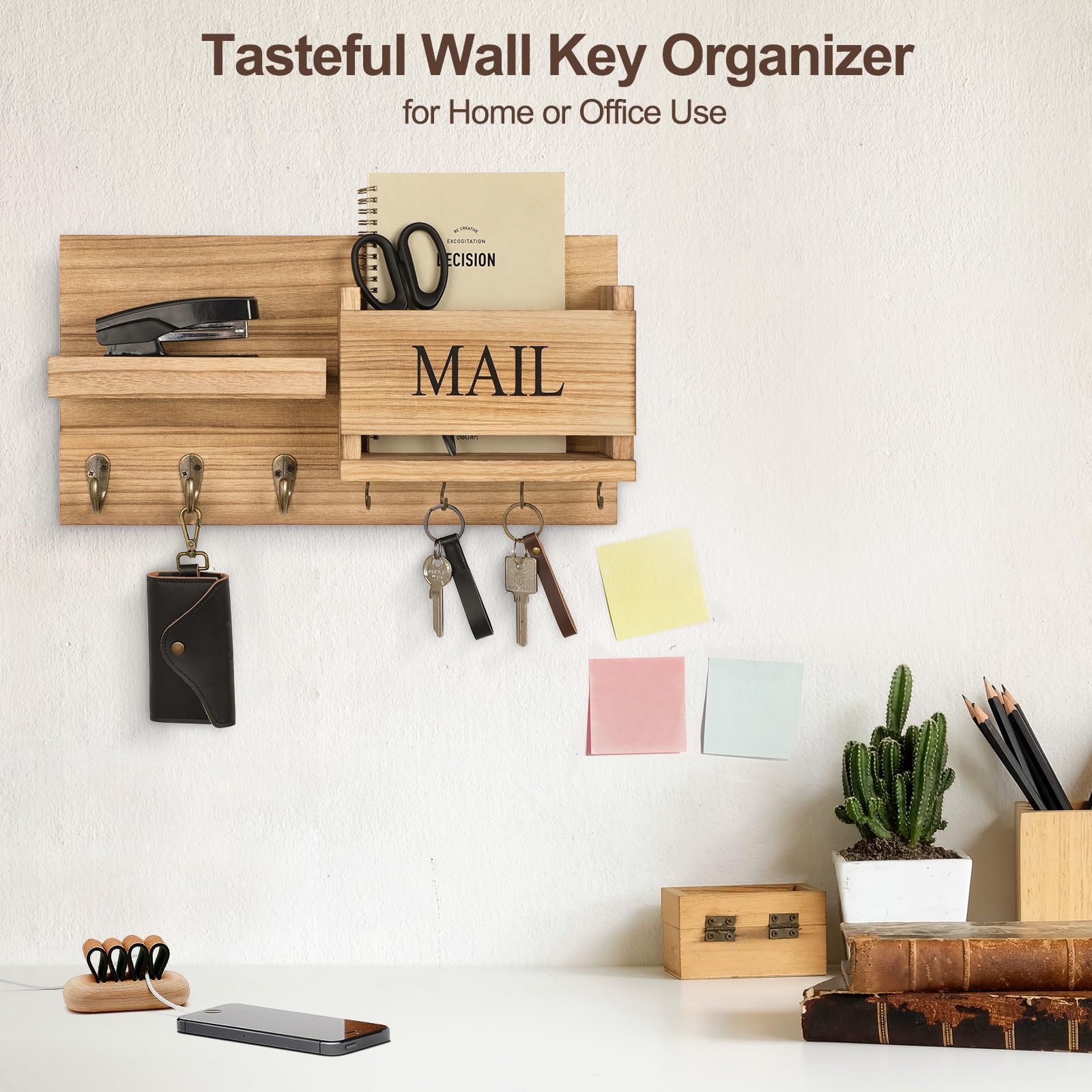 Mail Organizer for Wall Mount – Key Holder with Shelf Includes Letter Holder and Hooks for Hallway Farmhouse Decor – Rustic Wood with Flush Mounting Hardware (16.5” x 9.1” x 3.4”) (White)