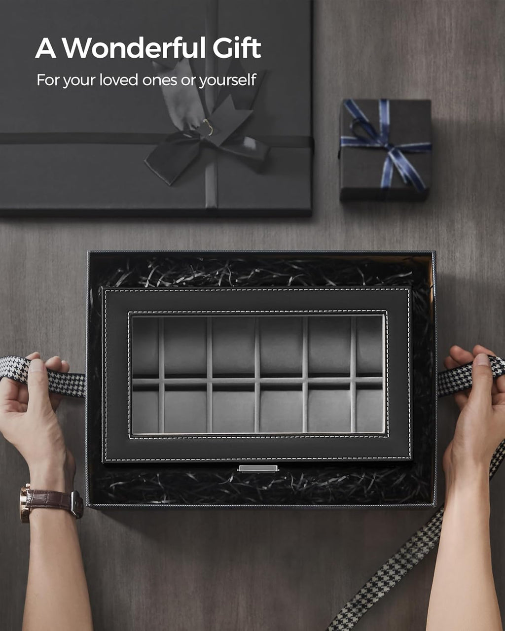 SONGMICS Watch Box, 12-Slot Watch Case Organizer with Large Glass Lid, 2 Layers, Removable Pillows, Metal Lock, Gift for Loved Ones, Black Synthetic Leather, Gray Lining UJWB012