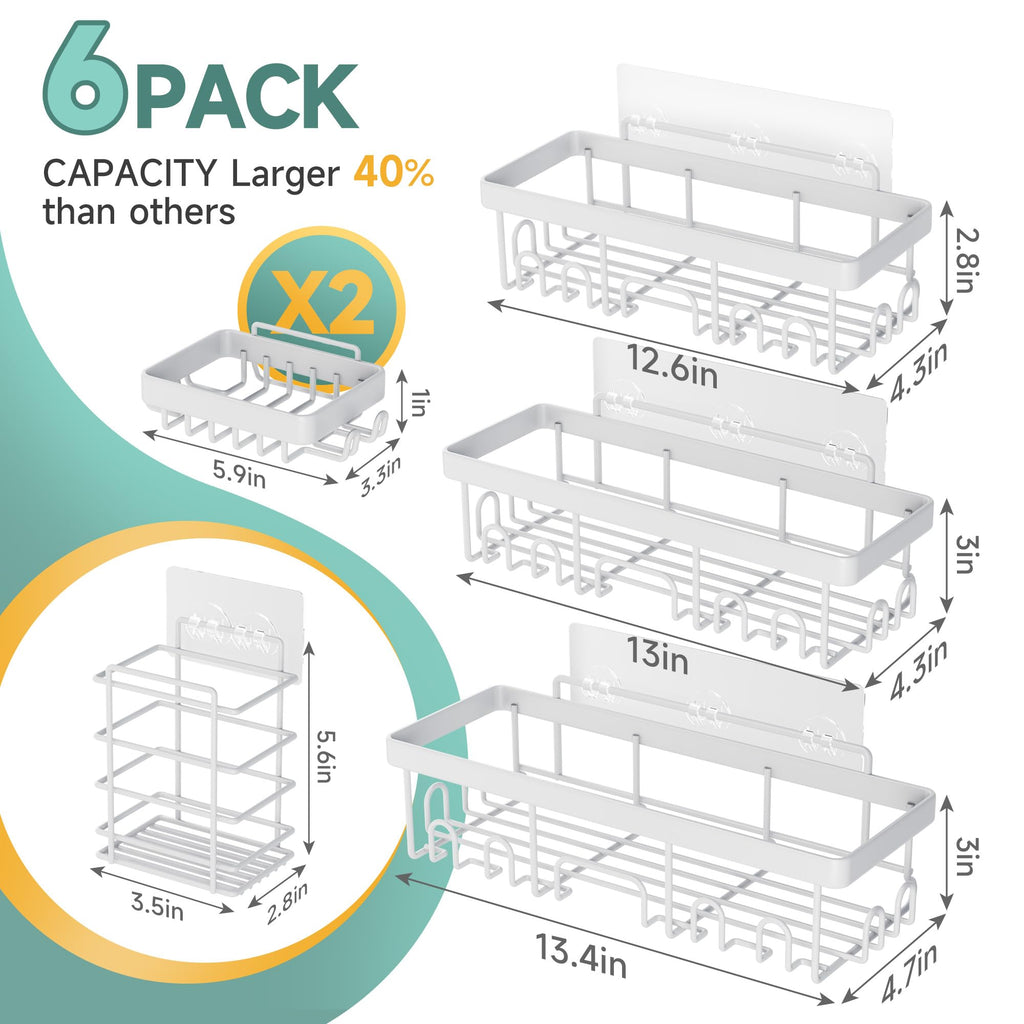 Veken Shower Caddy 6-Pack, Advanced Rustproof Design, No Drilling Adhesive Shelves, Rack with Soap Holder, Large Capacity Bathroom Organizers and Storage, Wall-Mounted Kitchen & Home Decor