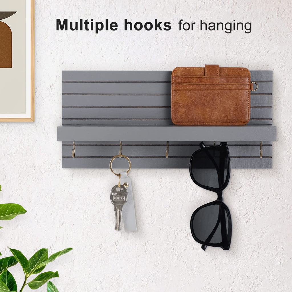 Decorative Key Holder for Wall with Shelf, Entryway Shelf with Hooks Holds Leashes, Jackets and Glasses – Sturdy Wood Keyholder Entrance Hanger with Mounting Hardware (Black, Medium)