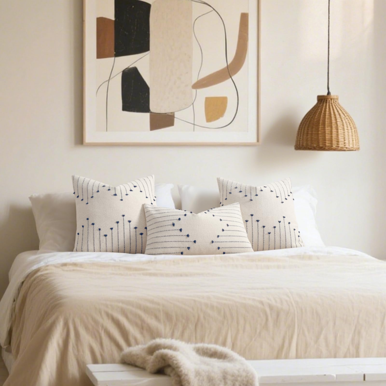 Boho Outdoor Throw Pillow Covers 18x18 Set of 2 Neutral Woven Decorative Pillowcases Cotton Tufted Couch Pillows Modern Farmhouse Cushion Covers for Sofa Couch Bed Living Room Home Decor, Navy Blue