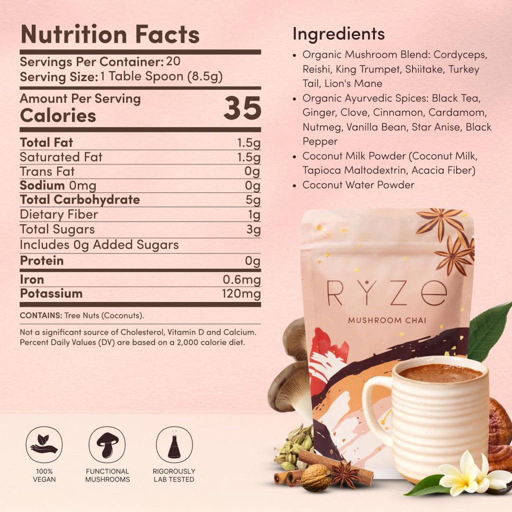 RYZE SUPERFOODS Mushroom Chai with 6 Organic Adaptogenic Mushrooms for Better Energy, Focus, Digestion, Immunity with USA Grown Lion's Mane, Turkey Tail, Shiitake, Reishi - Gluten Free, 20 Servings