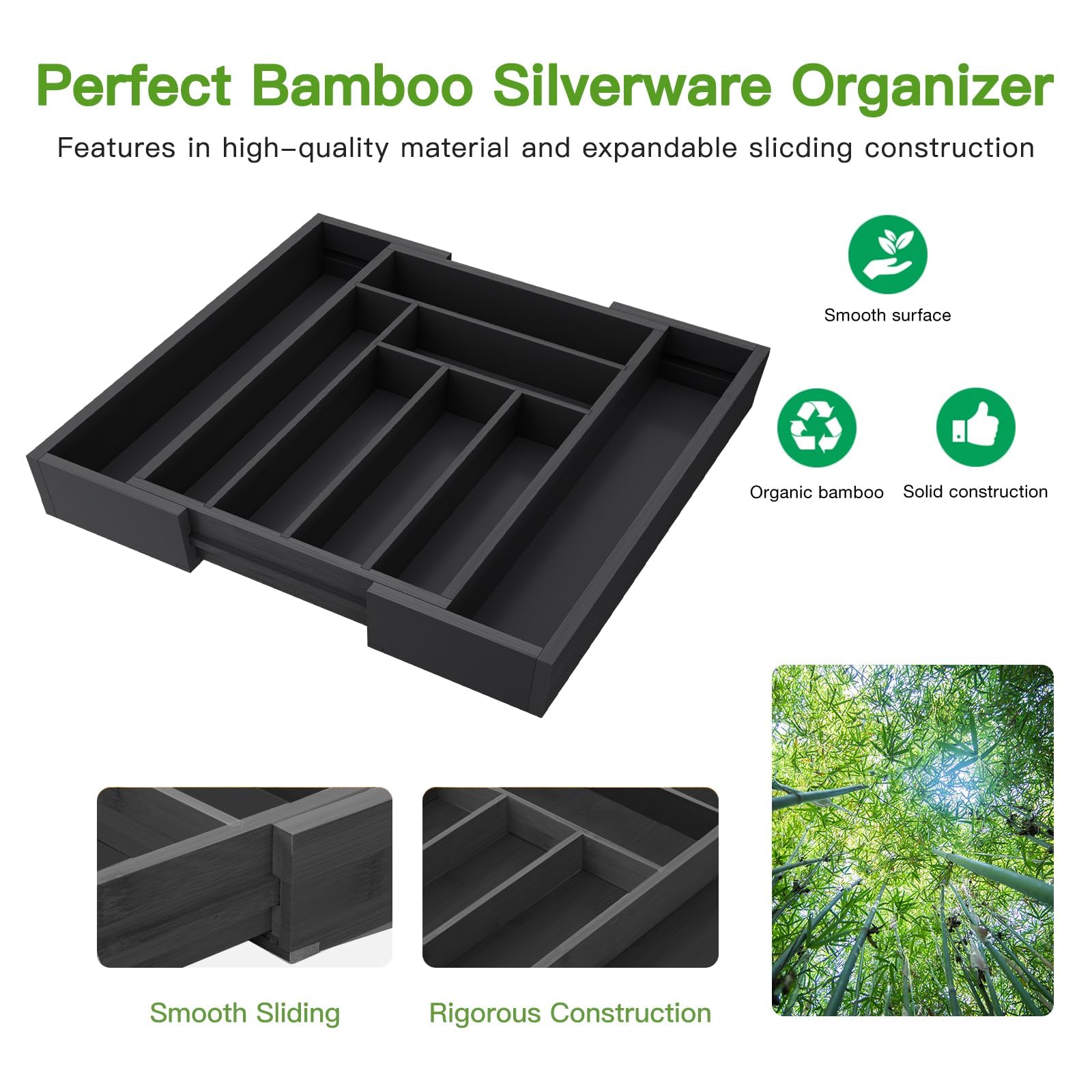 Pipishell Bamboo Expandable Silverware Drawer Organizer, Adjustable Kitchen Utensil Tray for Forks, Spoons and Knives, Wood Storage Cutlery Holder for Bedroom and Living Room