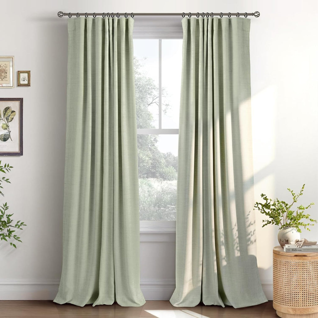 INOVADAY 100% Blackout Curtains for Bedroom, Black Out Curtains 84 Inch Long, Clip Rings Linen Blackout Drapes, Thermal Insulated Room Darkening for Living Room, 2 Panels - Beige,W50xL84