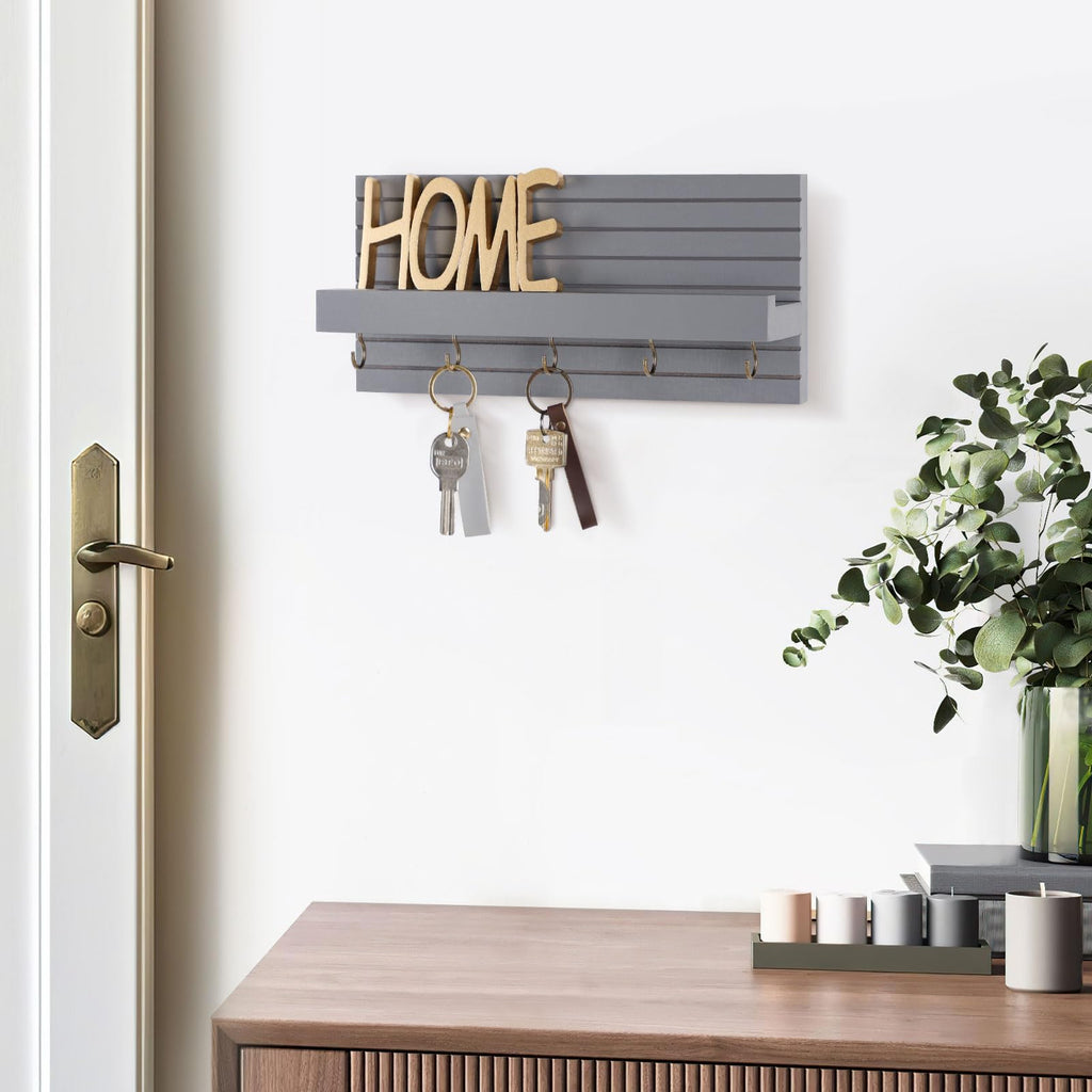 Decorative Key Holder for Wall with Shelf, Entryway Shelf with Hooks Holds Leashes, Jackets and Glasses – Sturdy Wood Keyholder Entrance Hanger with Mounting Hardware (Black, Medium)