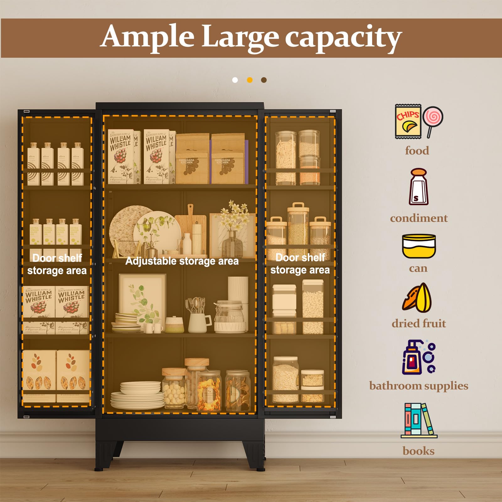 GAIOUS Metal Pantry Cabinet, Kitchen Pantry Storage Cabinets with 2 Door and 3 Adjustable Shelves, White Kitchen Pantry Cabinet, Freestanding Cupboard for Dining Room Living Room Bathroom