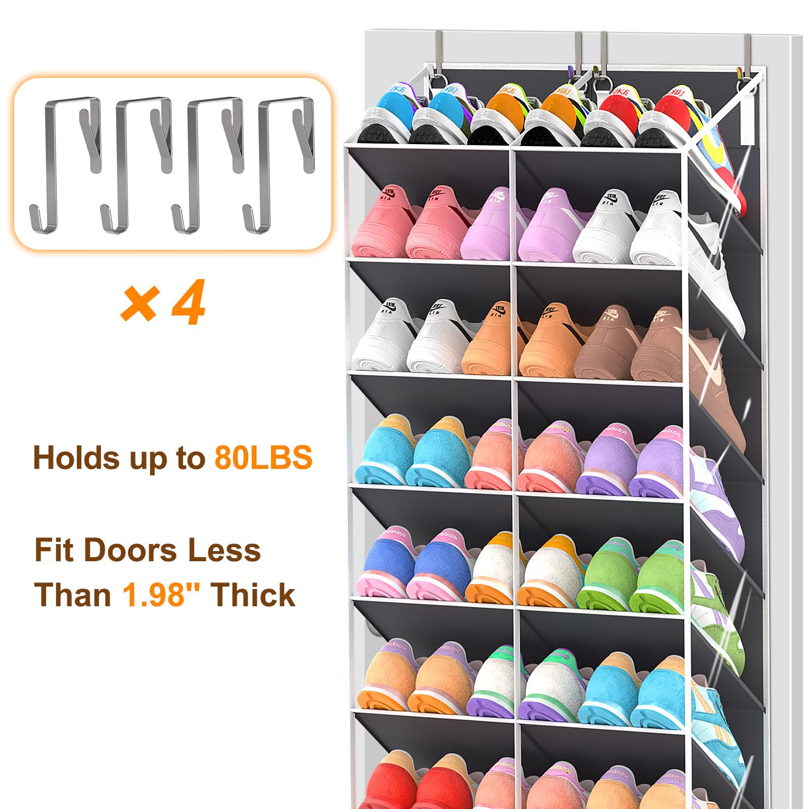 UVIAHOMI 20-30 Pairs Over the Door Shoe Organizer, Clear Pockets Hanging Shoe Storage for Closet, 10-Tier Door Shoes Rack, Handing Shoes Holder Fit All the Family's Sneakers, Boots, Heels, Black