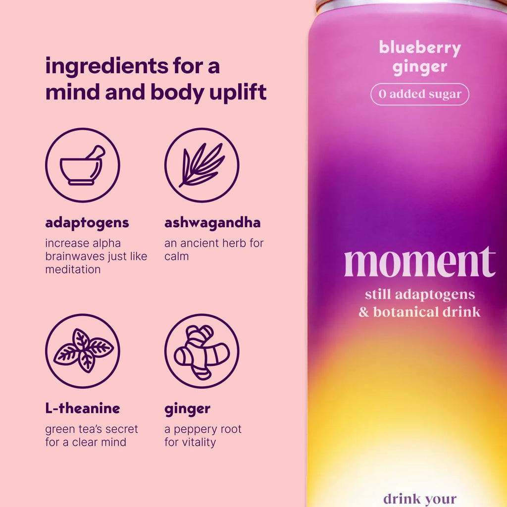 Moment Botanical Tea (Shark Tank) - Non Carbonated - Calm, Clarity & Relaxation with L-Theanine & Ashwagandha - Non Alcoholic Drinks - Sparkling Adaptogen Drink - 0 Sugar 0 Caffeine - 12 Pack 11.5 fl oz