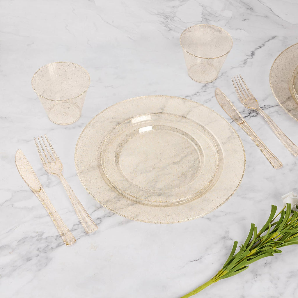 Goodluck 350 Piece Silver Plastic Dinnerware Set for 50 Guests, Fancy Disposable Plates for Party, Include: 50 Dinner Plates, 50 Dessert Plates, 50 Pre Rolled Napkins with Silver Silverware, 50 Cups
