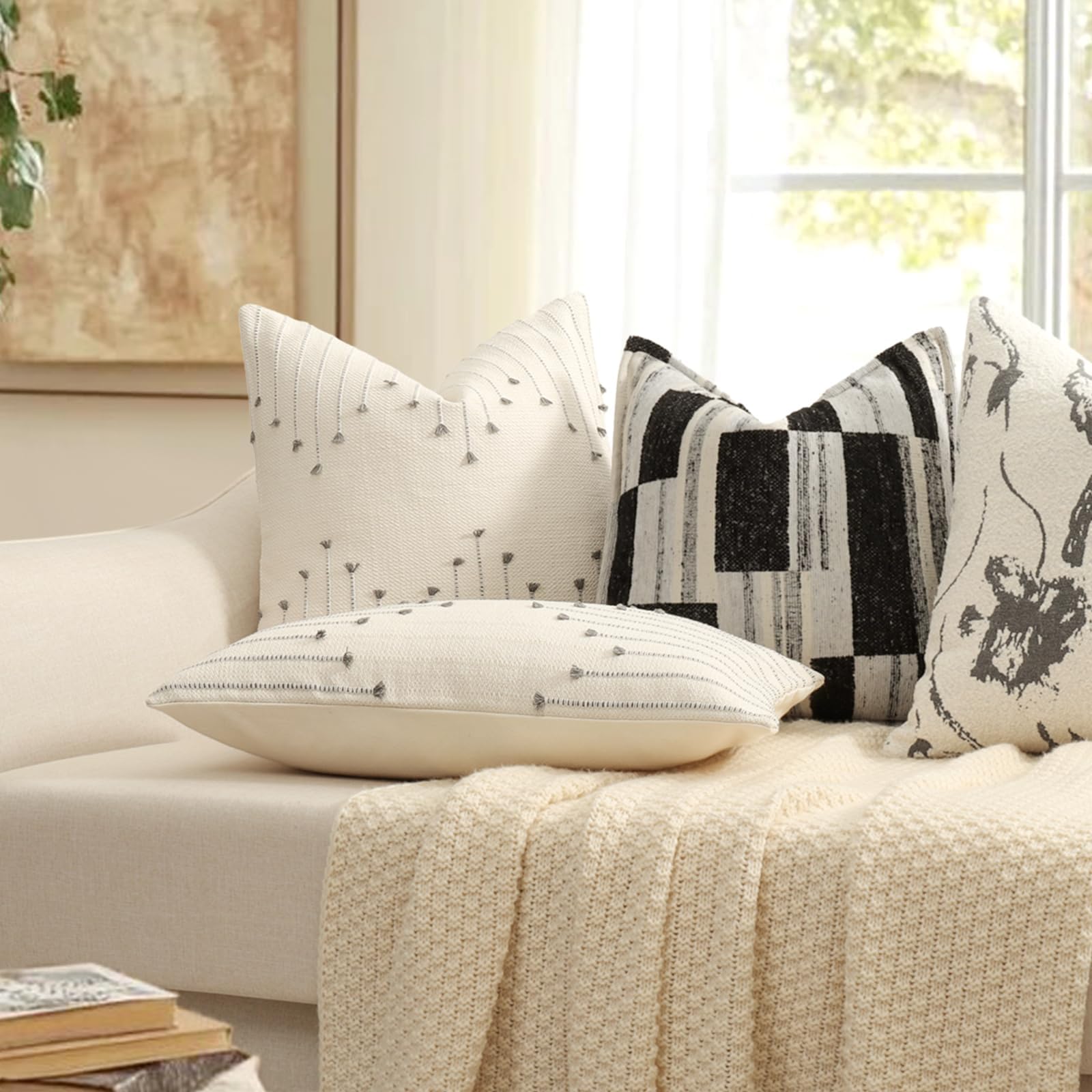 Boho Outdoor Throw Pillow Covers 18x18 Set of 2 Neutral Woven Decorative Pillowcases Cotton Tufted Couch Pillows Modern Farmhouse Cushion Covers for Sofa Couch Bed Living Room Home Decor, Navy Blue