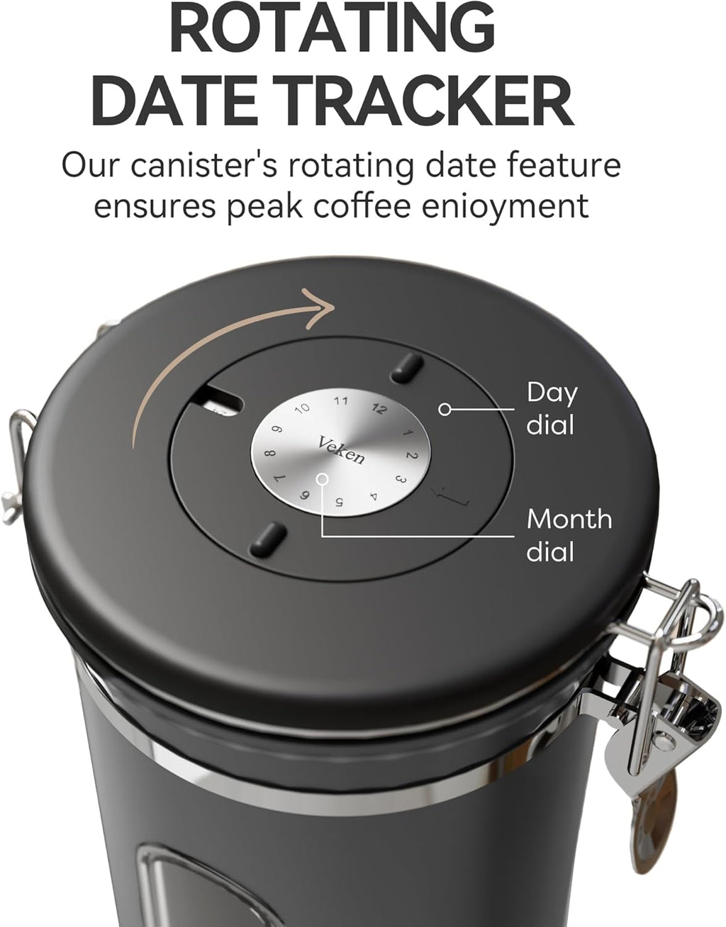Veken Coffee Canister with Window,Airtight Stainless Steel Kitchen Food Storage Container, Date Tracker & Scoop for Grounds Coffee, Beans, Tea,Flour,Cereal,Sugar,22OZ,Copper