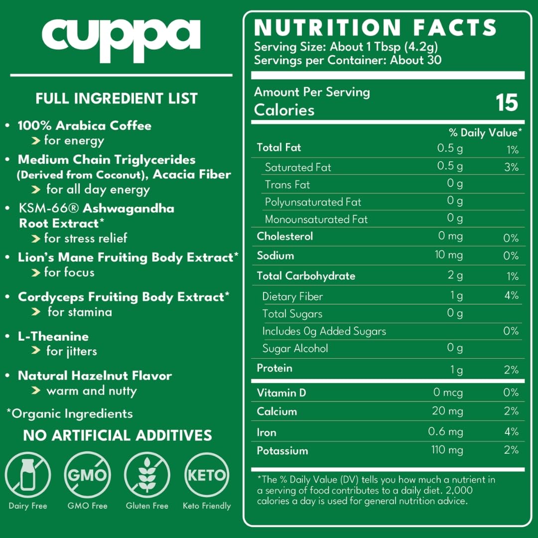 Cuppa Medium Roast Mushroom Coffee with Adaptogens & Superfoods - Lion’s Mane, Ashwagandha & Cordyceps. Adaptogens + MCT to support natural energy, mental focus & gut health (30 Servings)